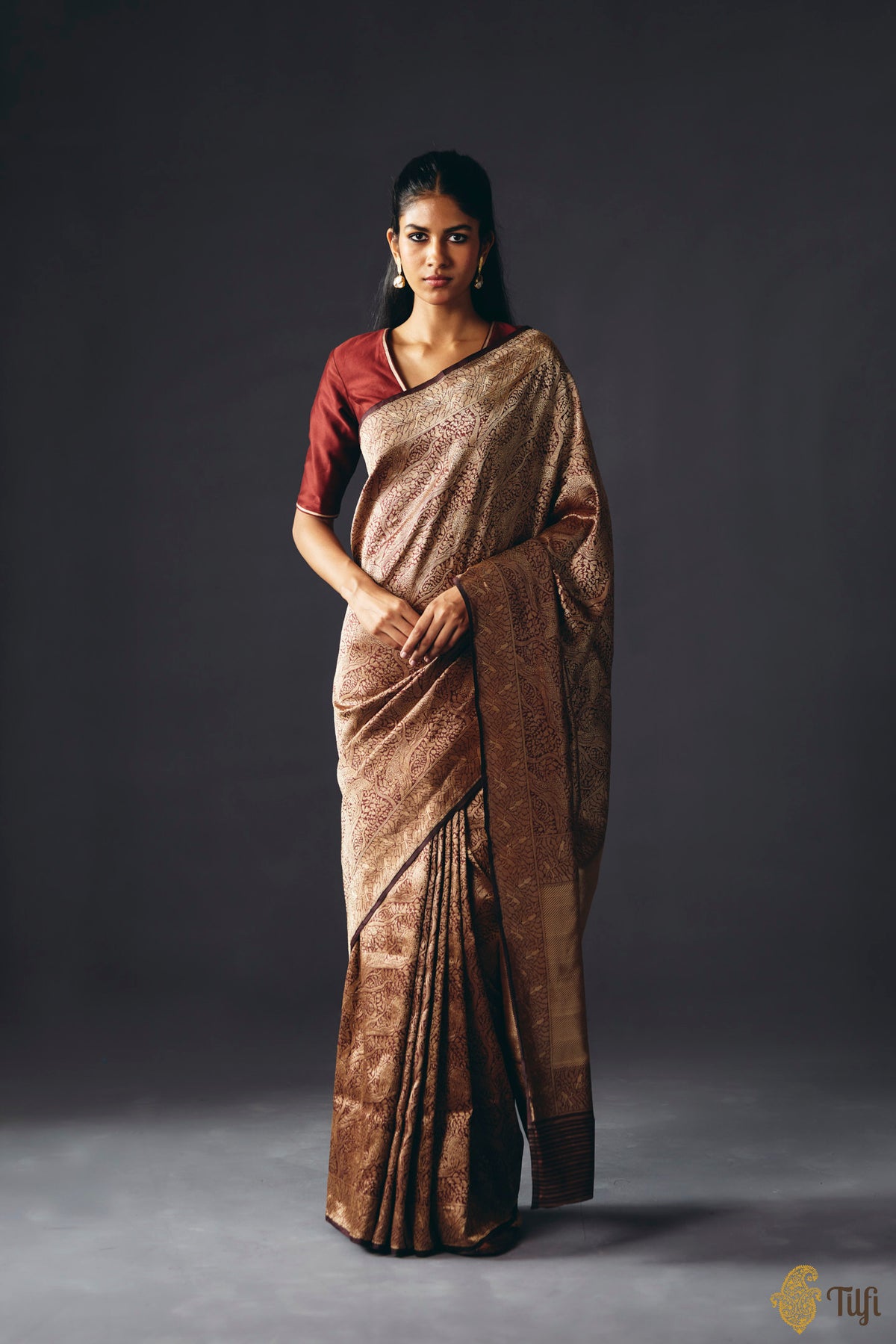 Pre-Order: 'Majestic Leap' Dark Brown Pure Katan Silk Banarasi Handloom Saree
