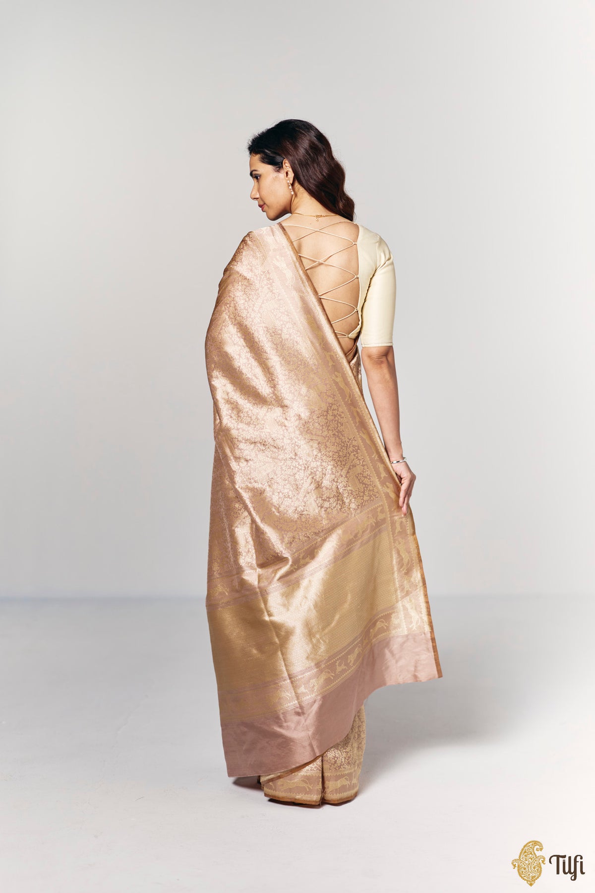 Pre-Order: 'Peacock on the Rampart' Light Rosy Brown Pure Katan Silk Banarasi Handloom Saree