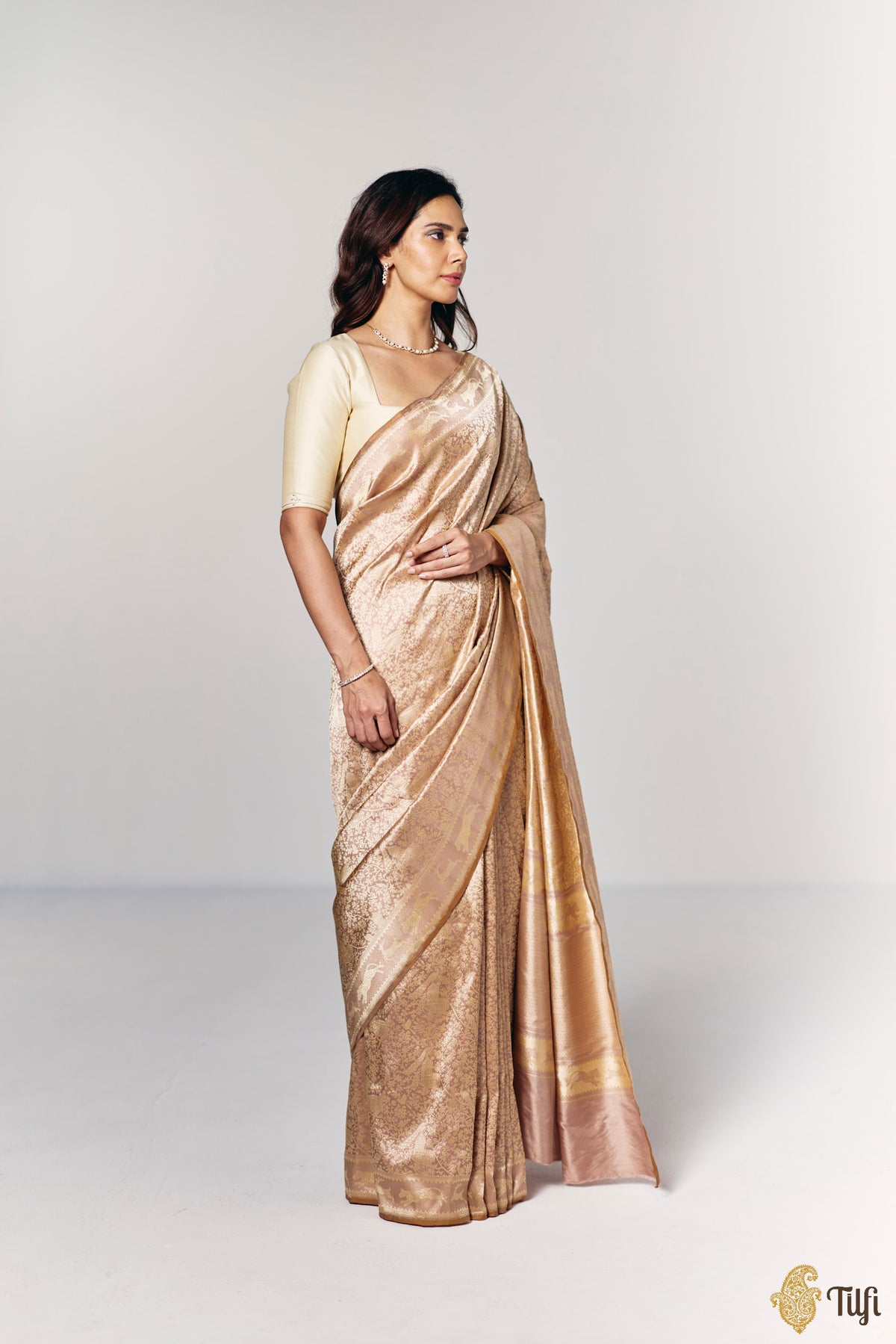 Pre-Order: 'Peacock on the Rampart' Light Rosy Brown Pure Katan Silk Banarasi Handloom Saree