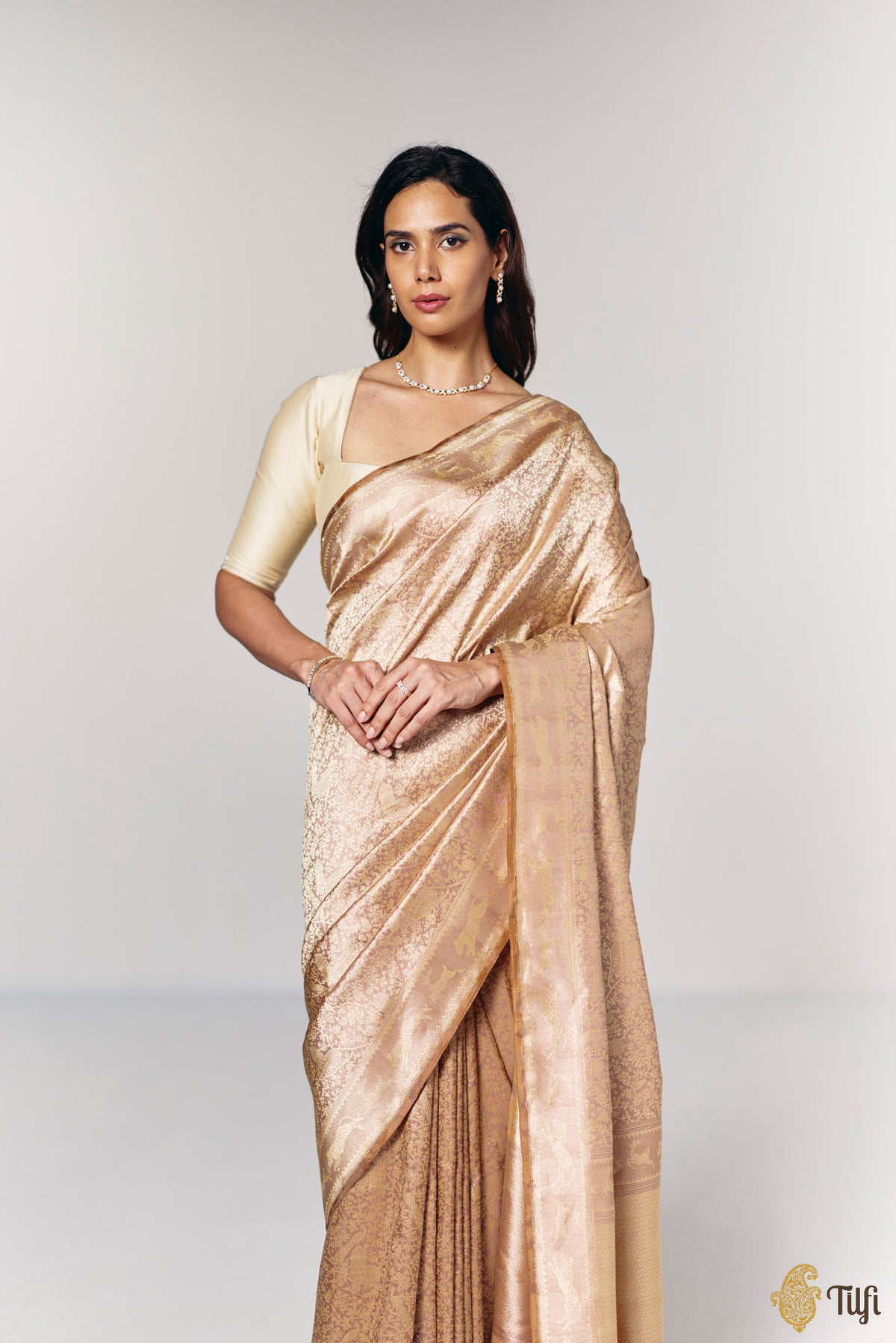 Pre-Order: 'Peacock on the Rampart' Light Rosy Brown Pure Katan Silk Banarasi Handloom Saree