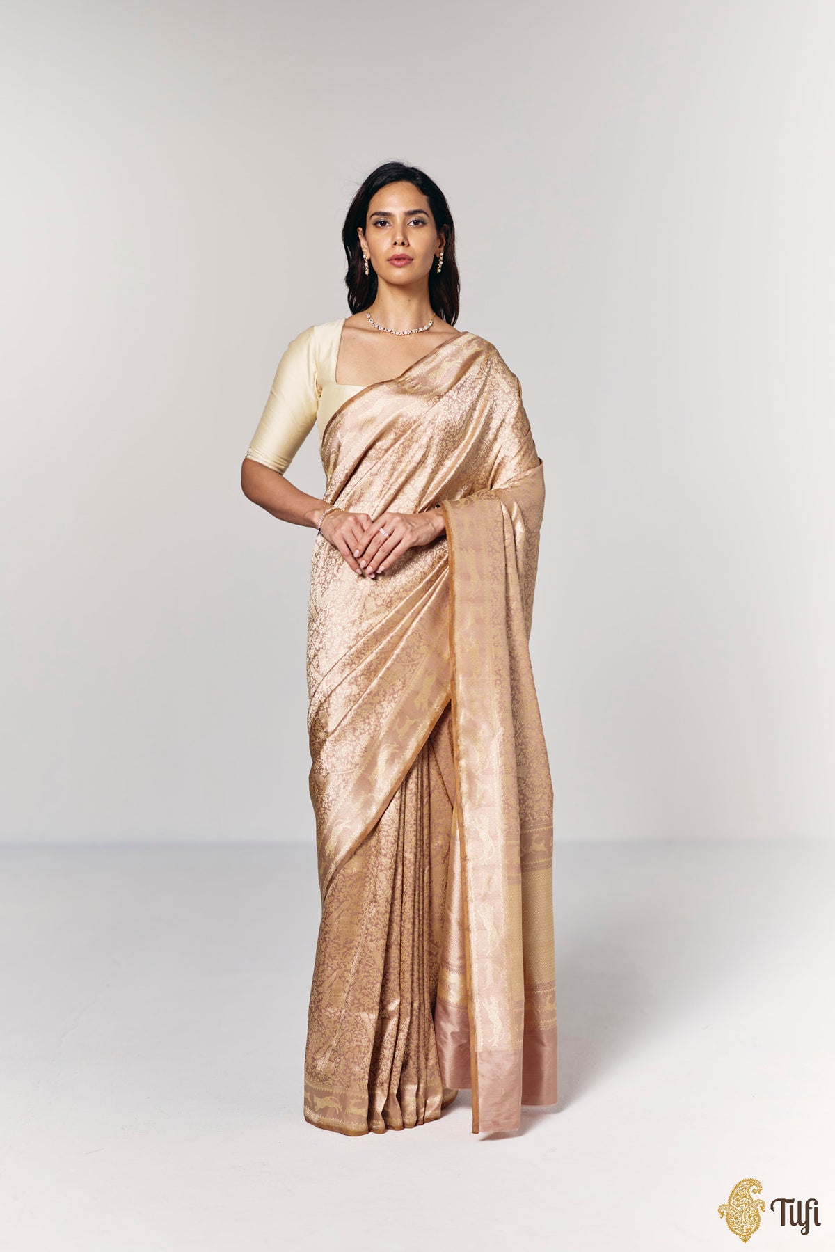 Pre-Order: 'Peacock on the Rampart' Light Rosy Brown Pure Katan Silk Banarasi Handloom Saree