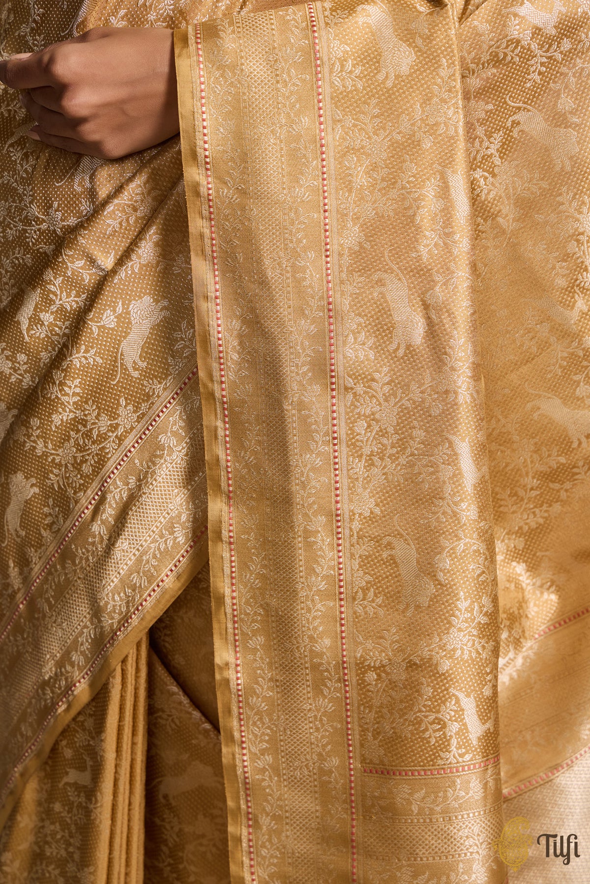 Gold-Yellow Pure Katan Silk Banarasi Shikargah Handloom Saree