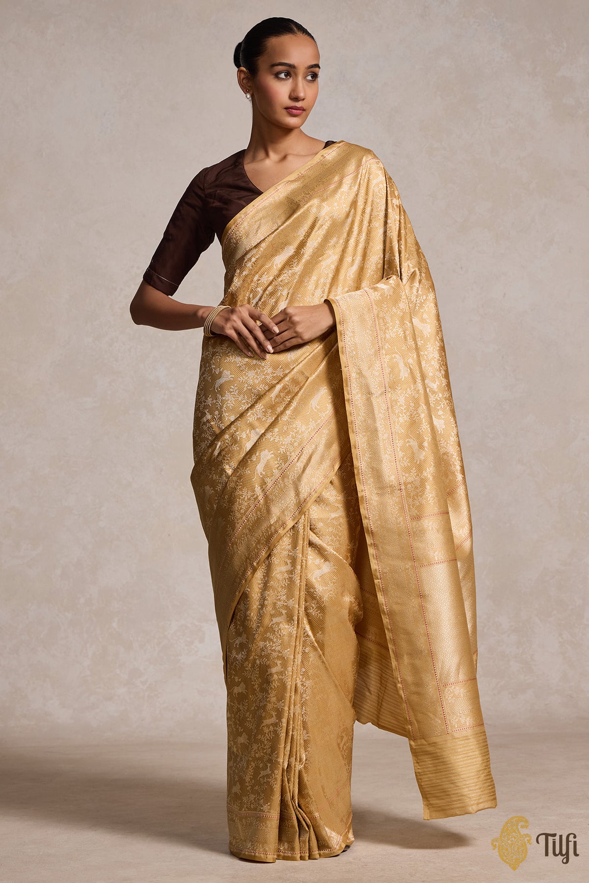 Gold-Yellow Pure Katan Silk Banarasi Shikargah Handloom Saree