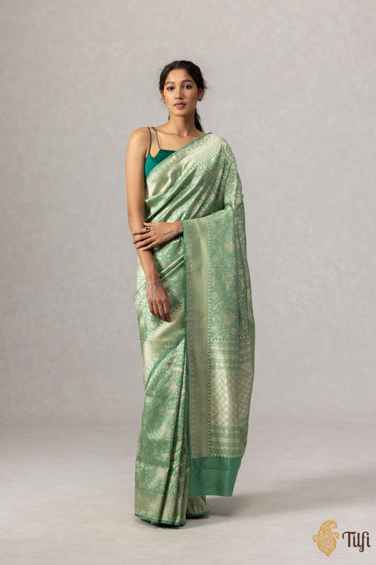 Sage Green Pure Katan Silk Banarasi Shikargah Handloom Saree