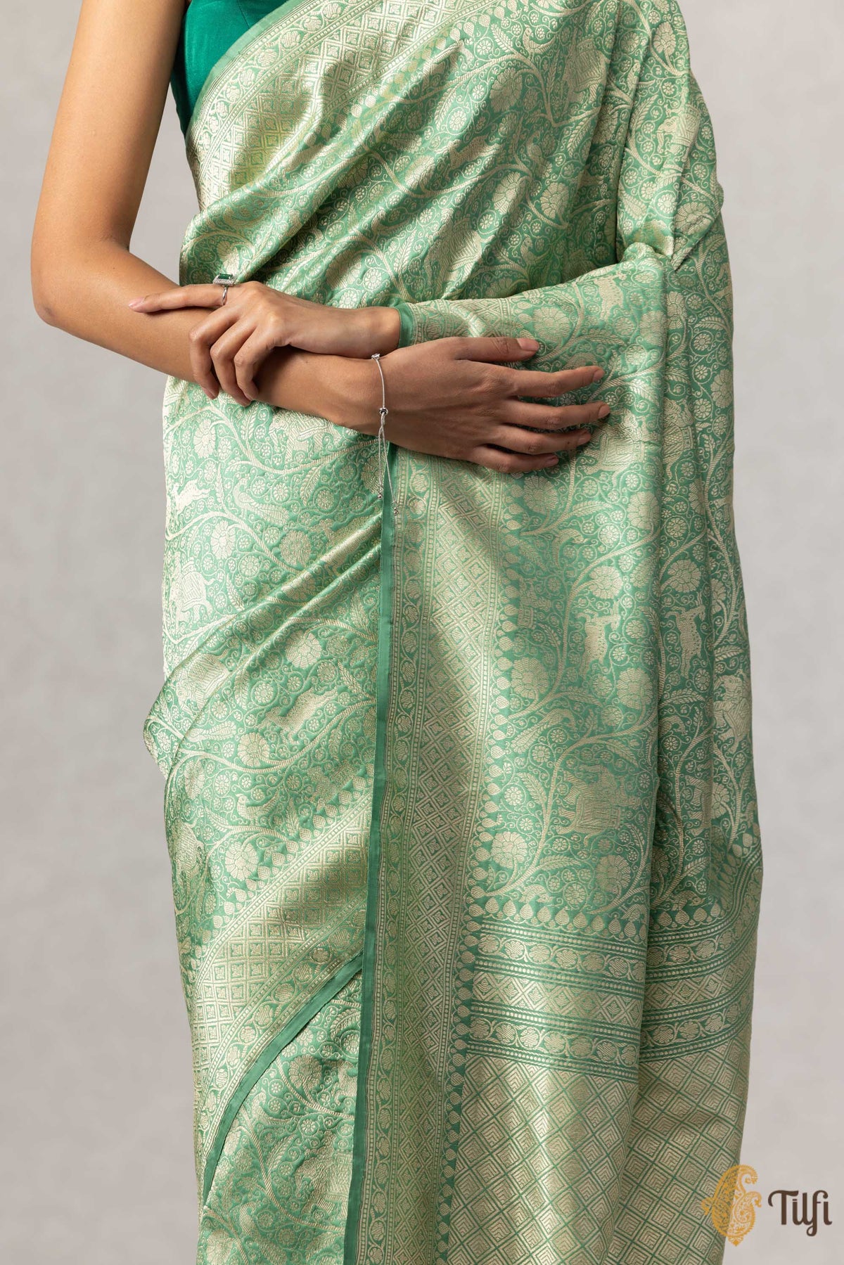 Sage Green Pure Katan Silk Banarasi Shikargah Handloom Saree