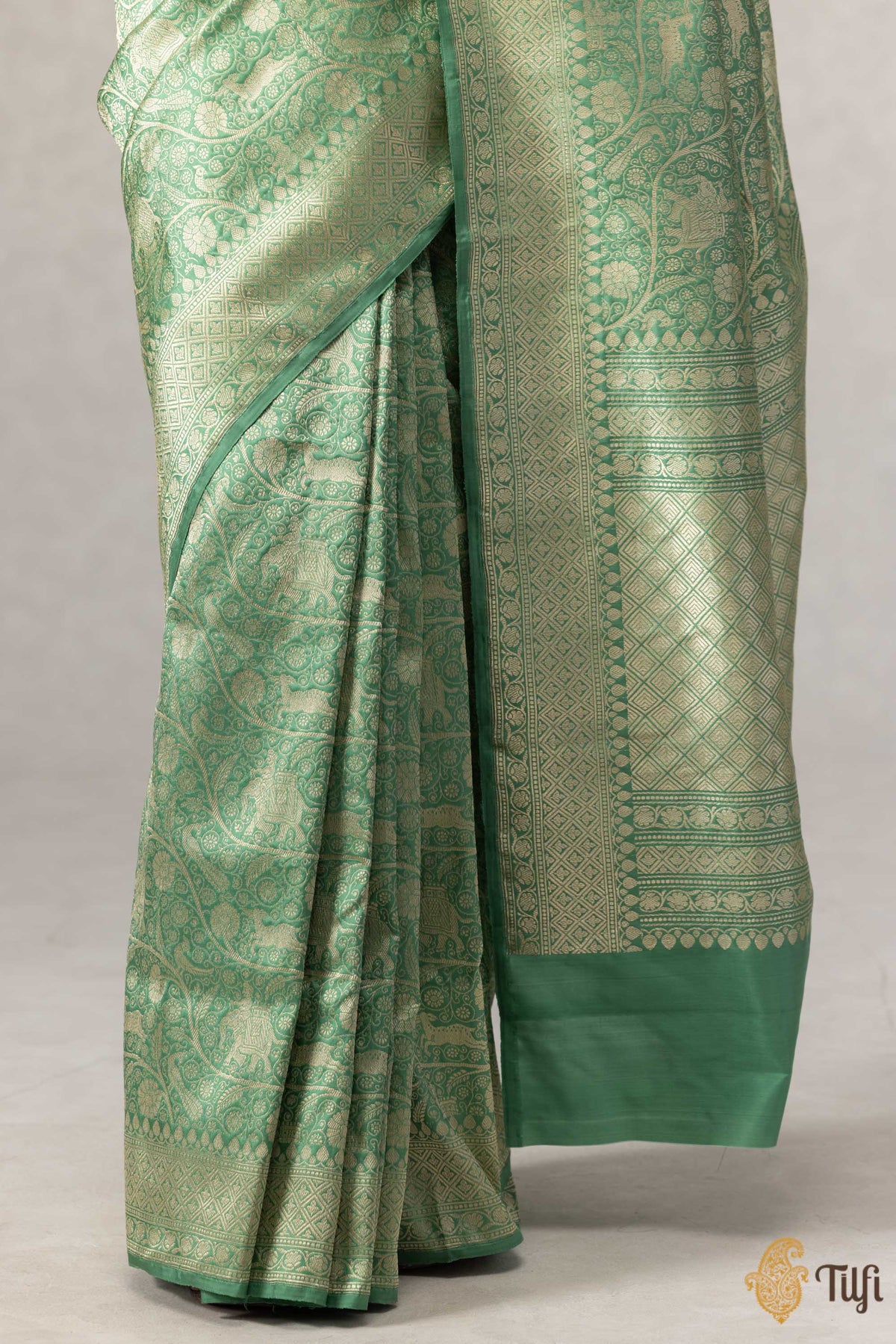 Sage Green Pure Katan Silk Banarasi Shikargah Handloom Saree