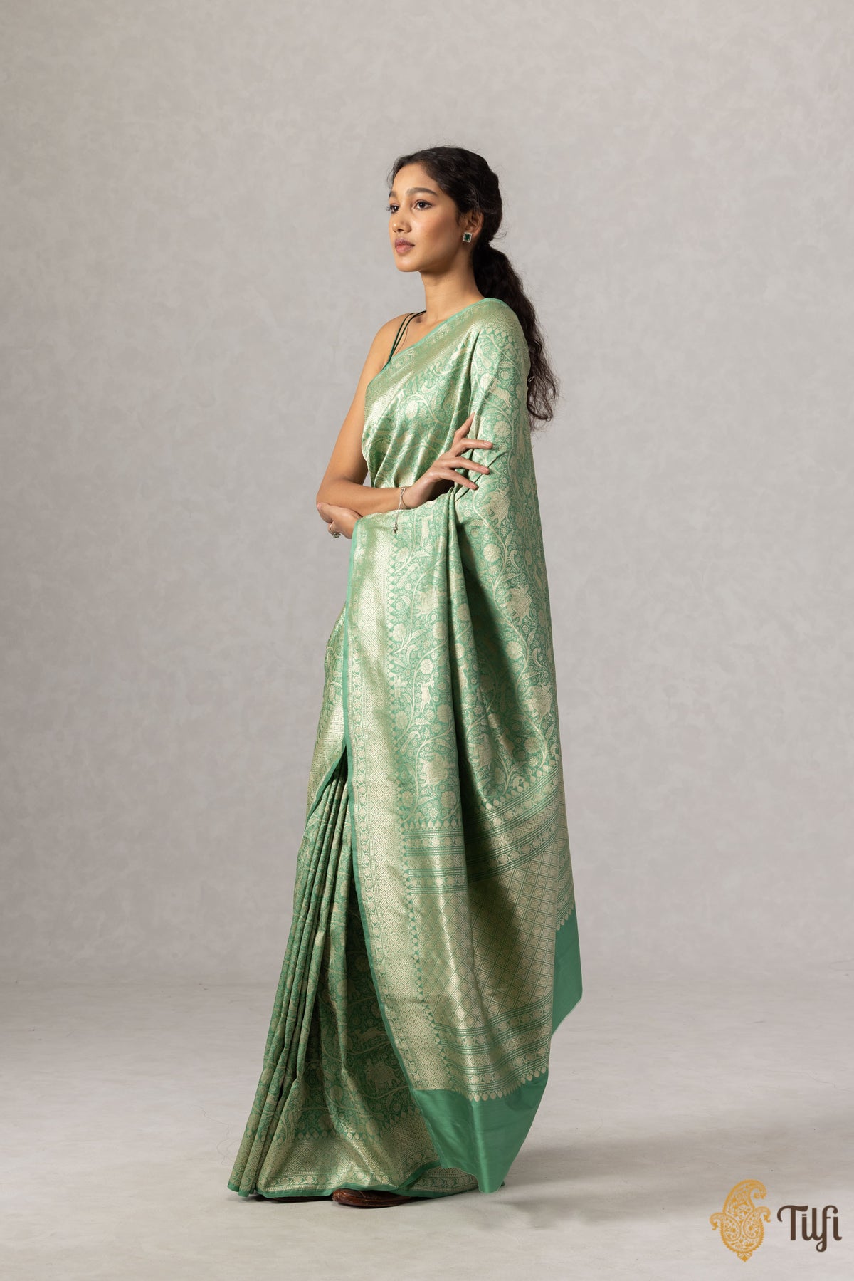 Sage Green Pure Katan Silk Banarasi Shikargah Handloom Saree