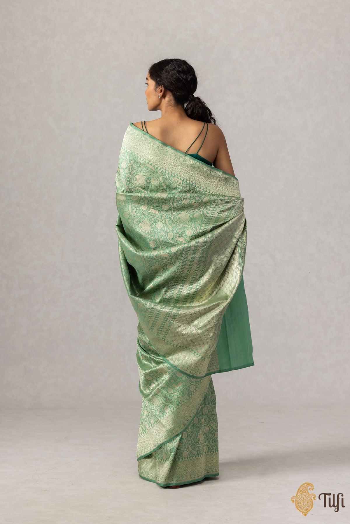 Sage Green Pure Katan Silk Banarasi Shikargah Handloom Saree