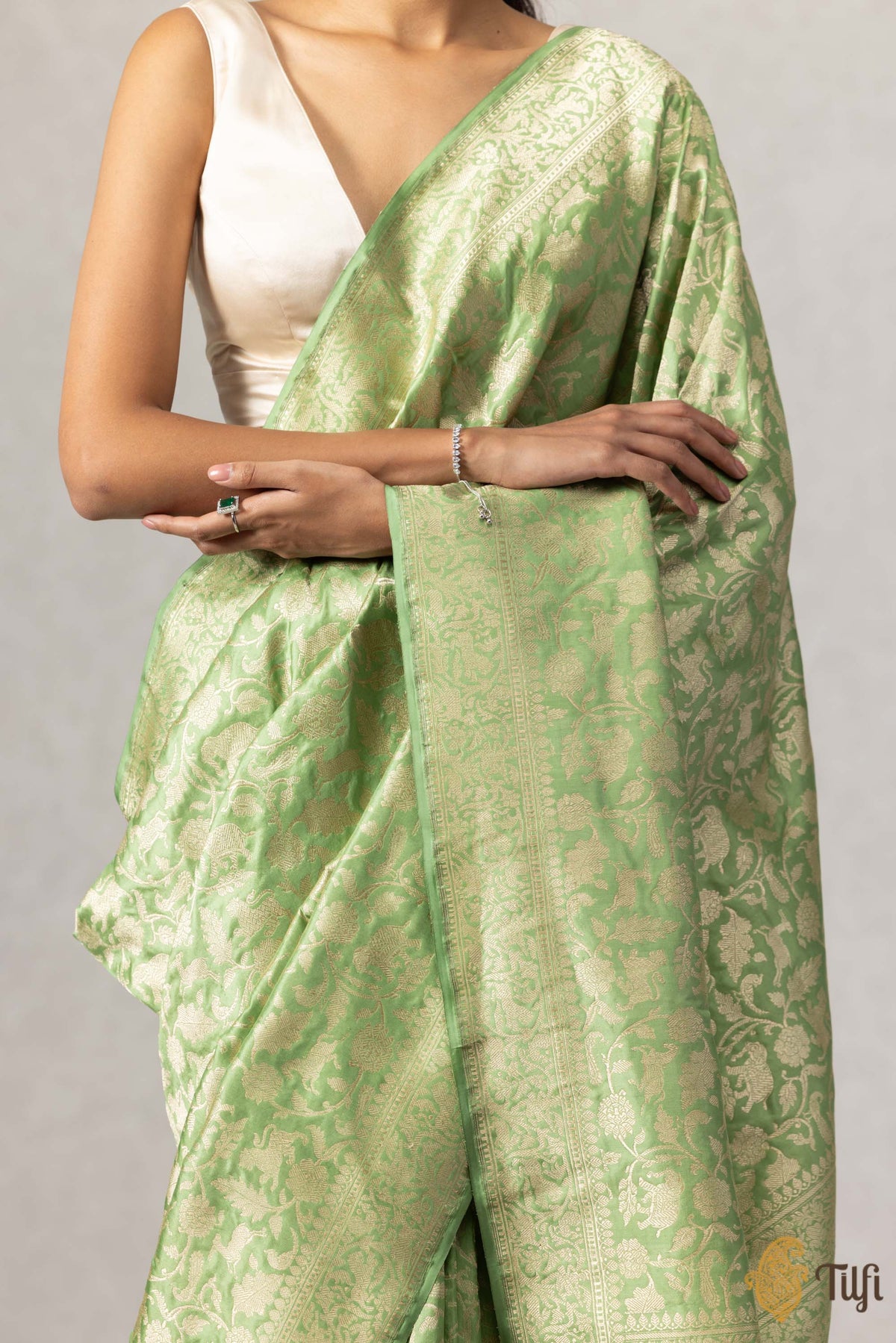 Green Pure Katan Silk Banarasi Shikargah Handloom Saree