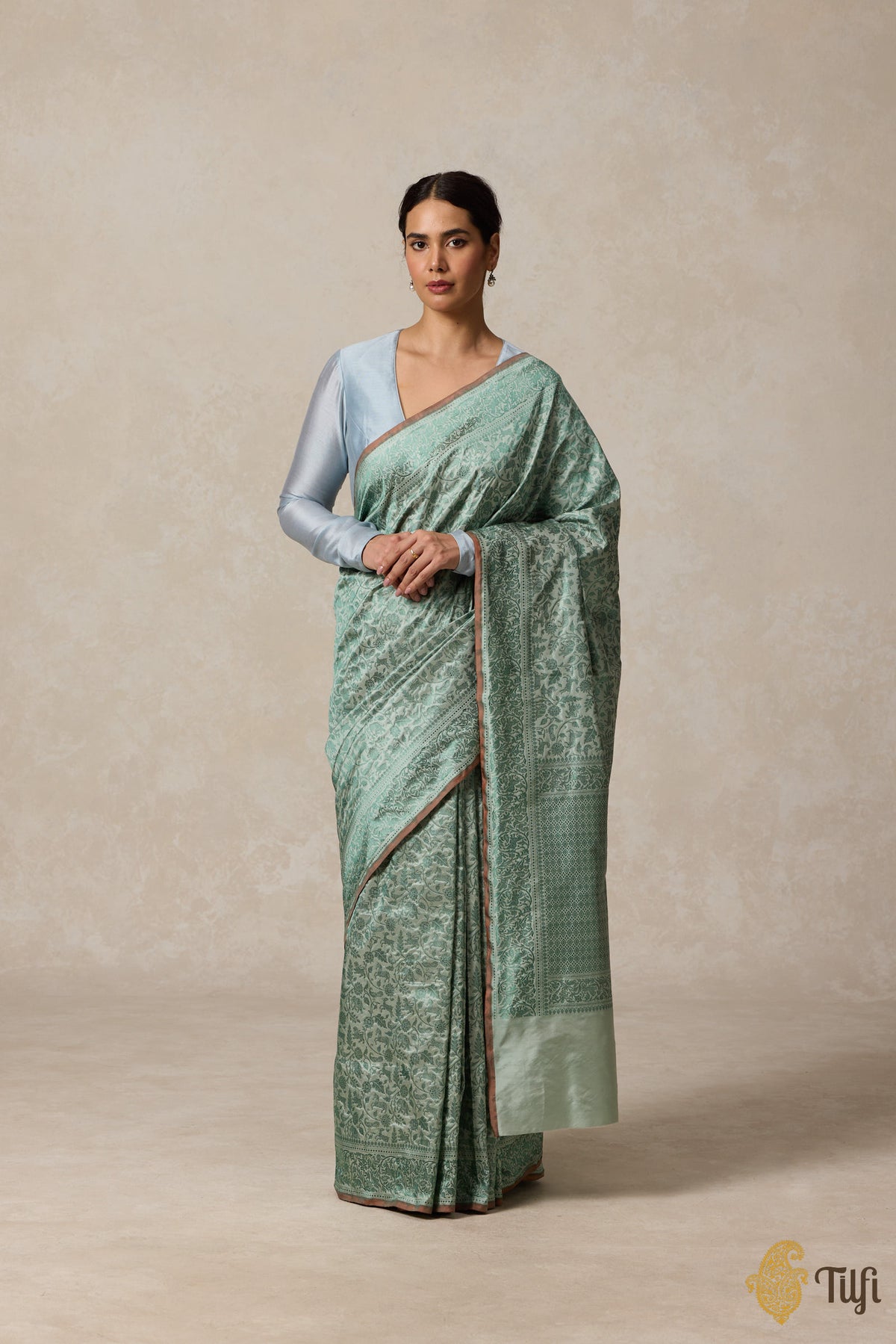 Light Aqua Green Pure Katan Silk Banarasi Shikargah Handloom Saree