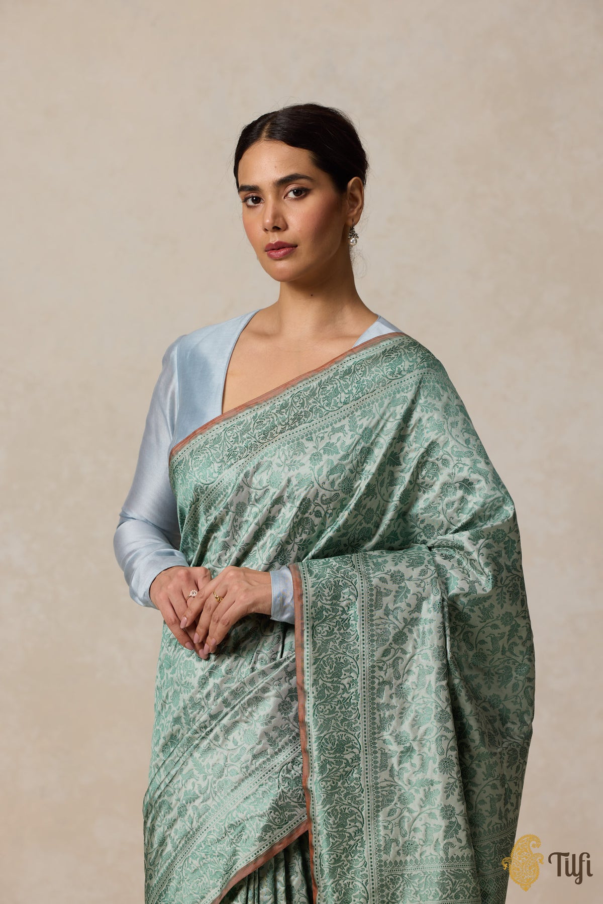 Light Aqua Green Pure Katan Silk Banarasi Shikargah Handloom Saree