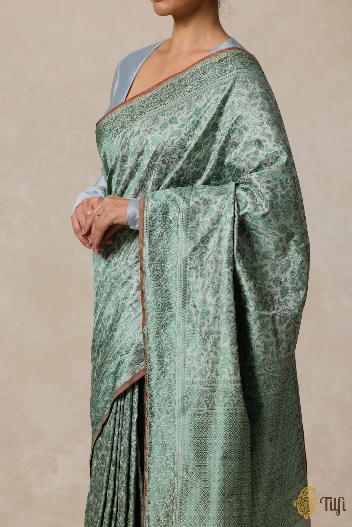 Light Aqua Green Pure Katan Silk Banarasi Shikargah Handloom Saree