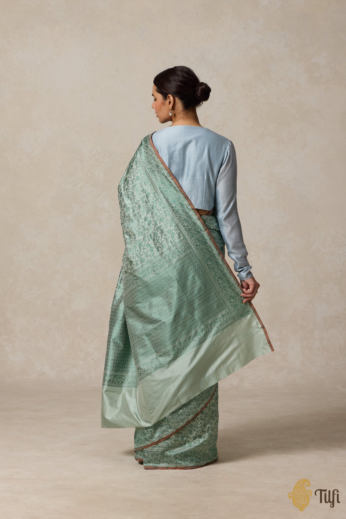 Light Aqua Green Pure Katan Silk Banarasi Shikargah Handloom Saree