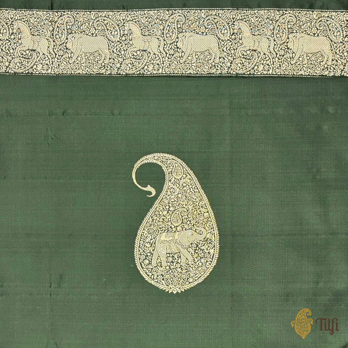 'Aranyika' Bottle Green Pure Katan Silk Banarasi Handloom Shikargah Saree