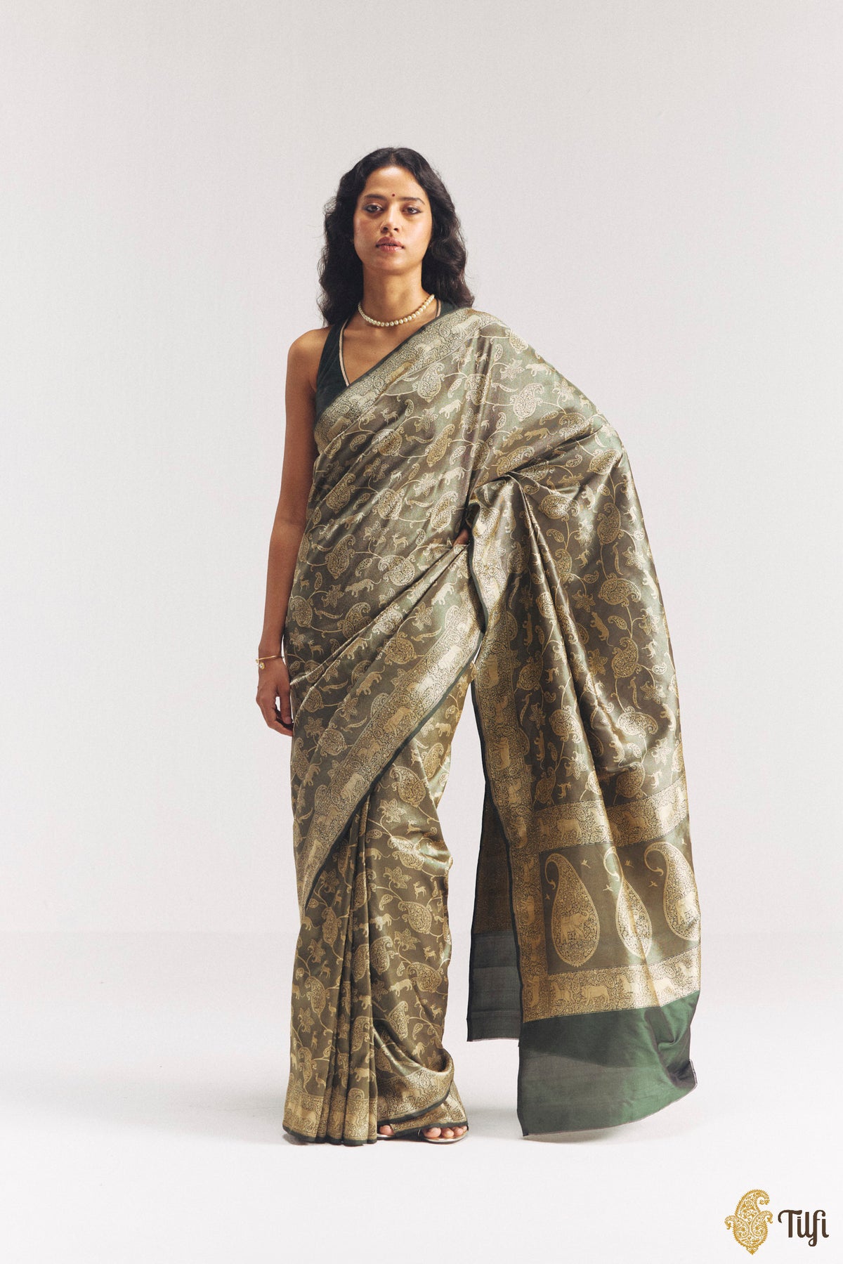'Aranyika' Bottle Green Pure Katan Silk Banarasi Handloom Shikargah Saree