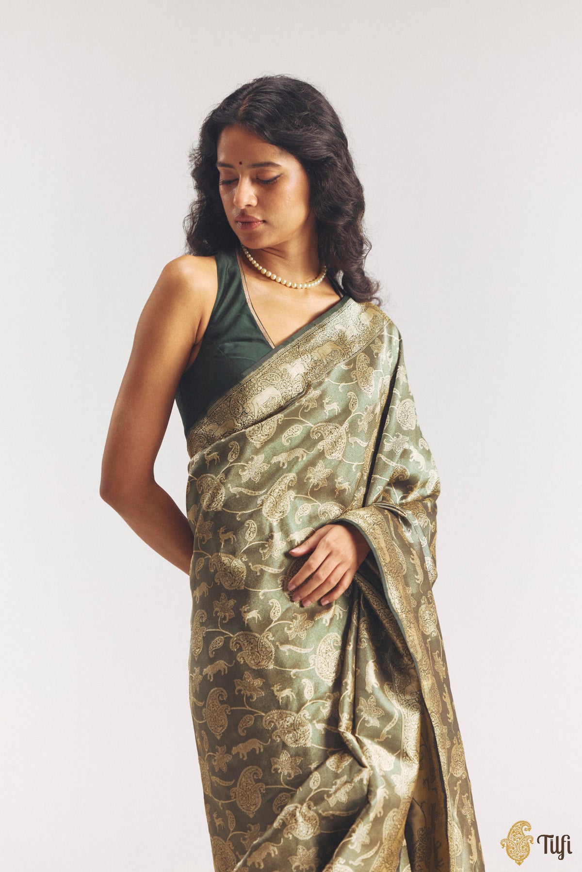 'Aranyika' Bottle Green Pure Katan Silk Banarasi Handloom Shikargah Saree