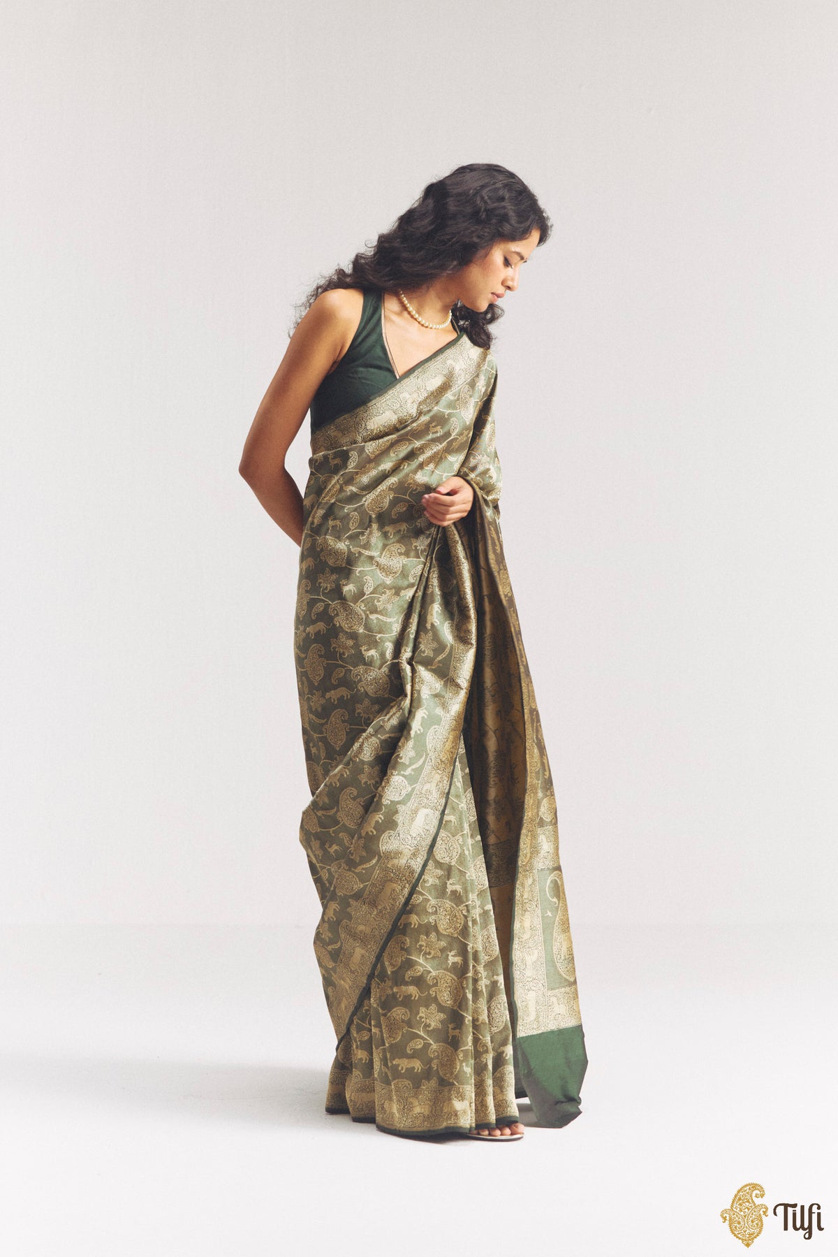 'Aranyika' Bottle Green Pure Katan Silk Banarasi Handloom Shikargah Saree