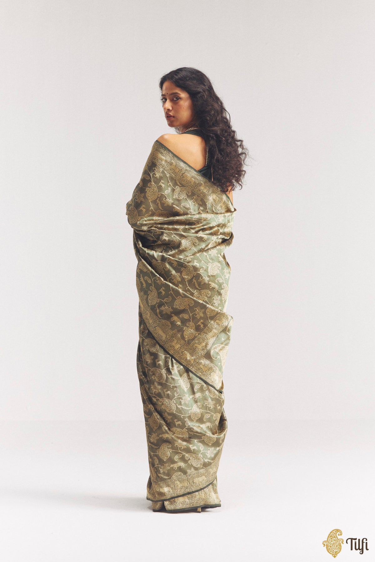 'Aranyika' Bottle Green Pure Katan Silk Banarasi Handloom Shikargah Saree