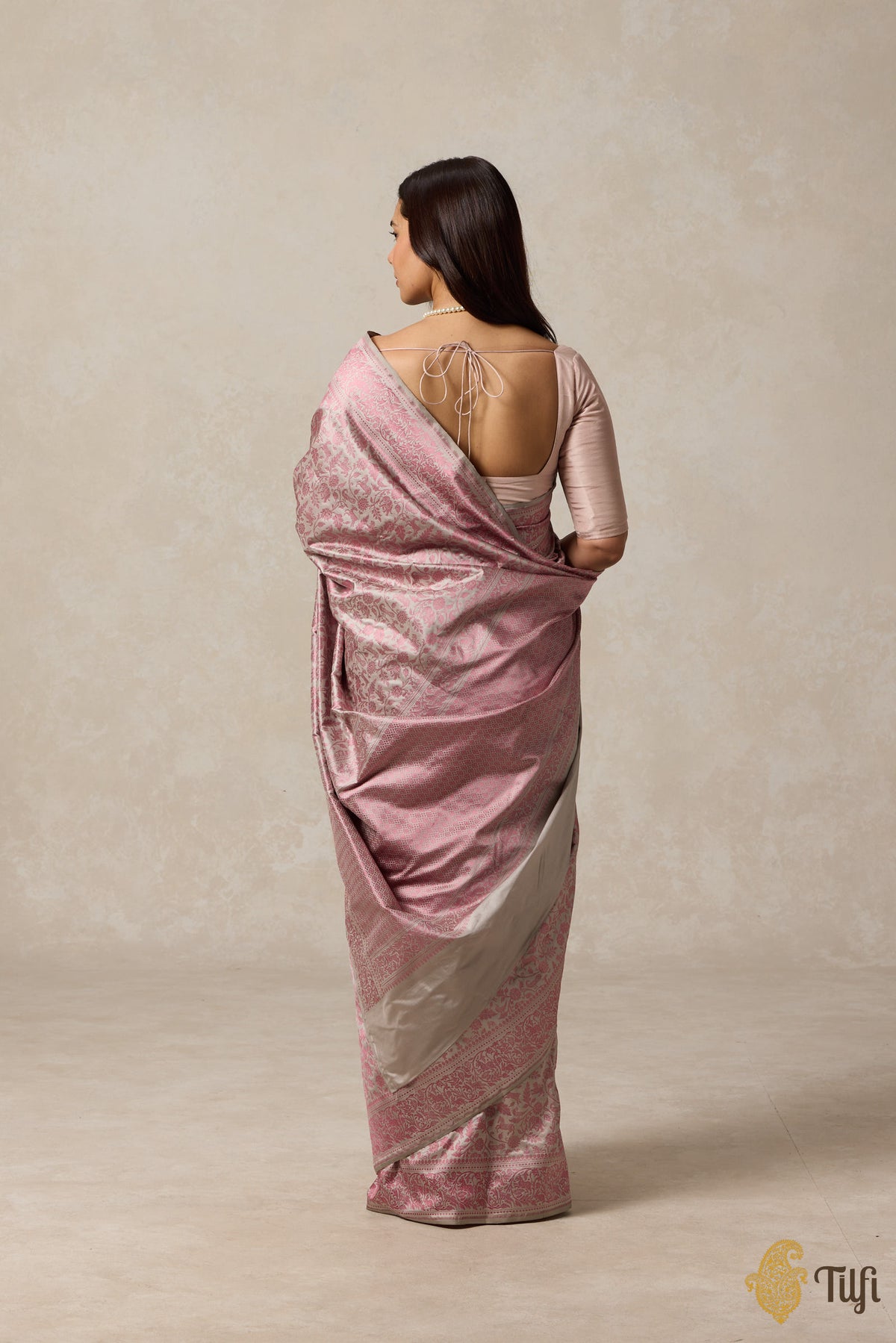 Grey Pink Pure Katan Silk Banarasi Shikargah Handloom Saree