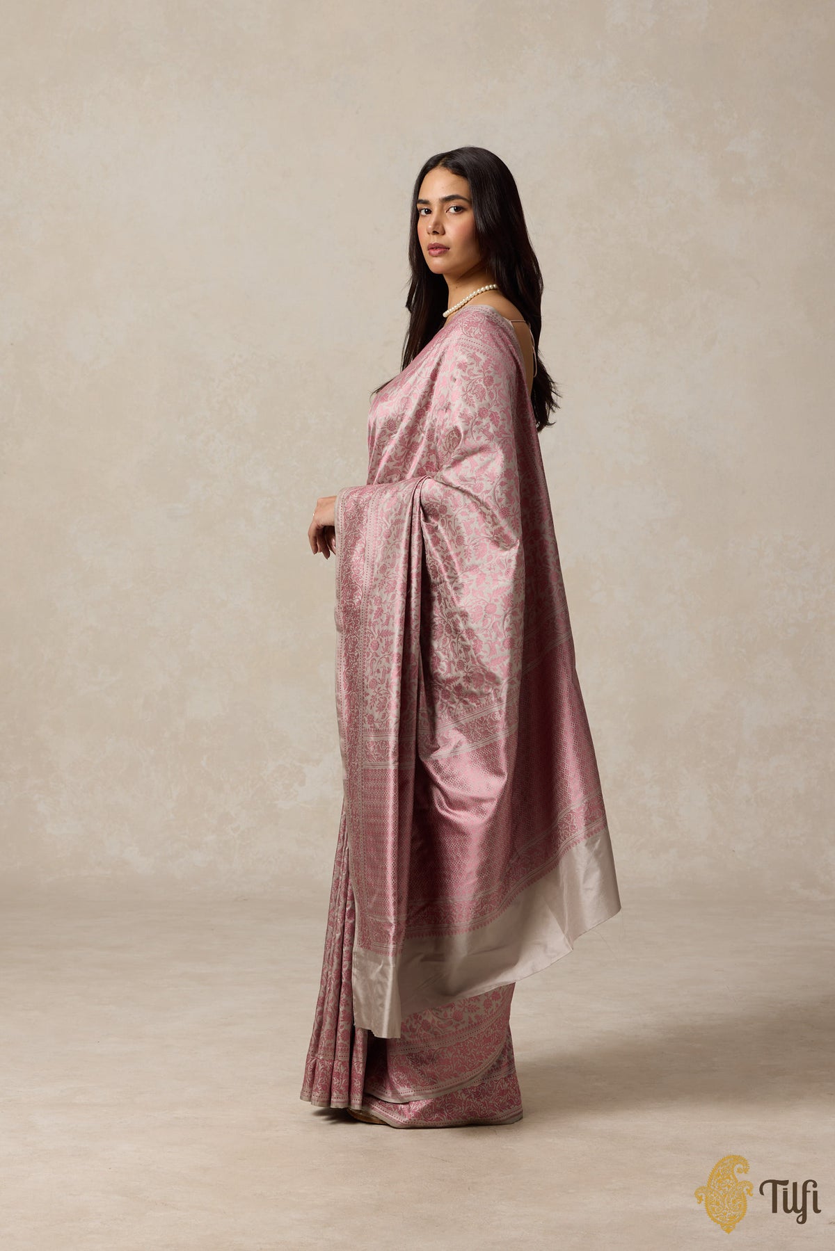 Grey Pink Pure Katan Silk Banarasi Shikargah Handloom Saree