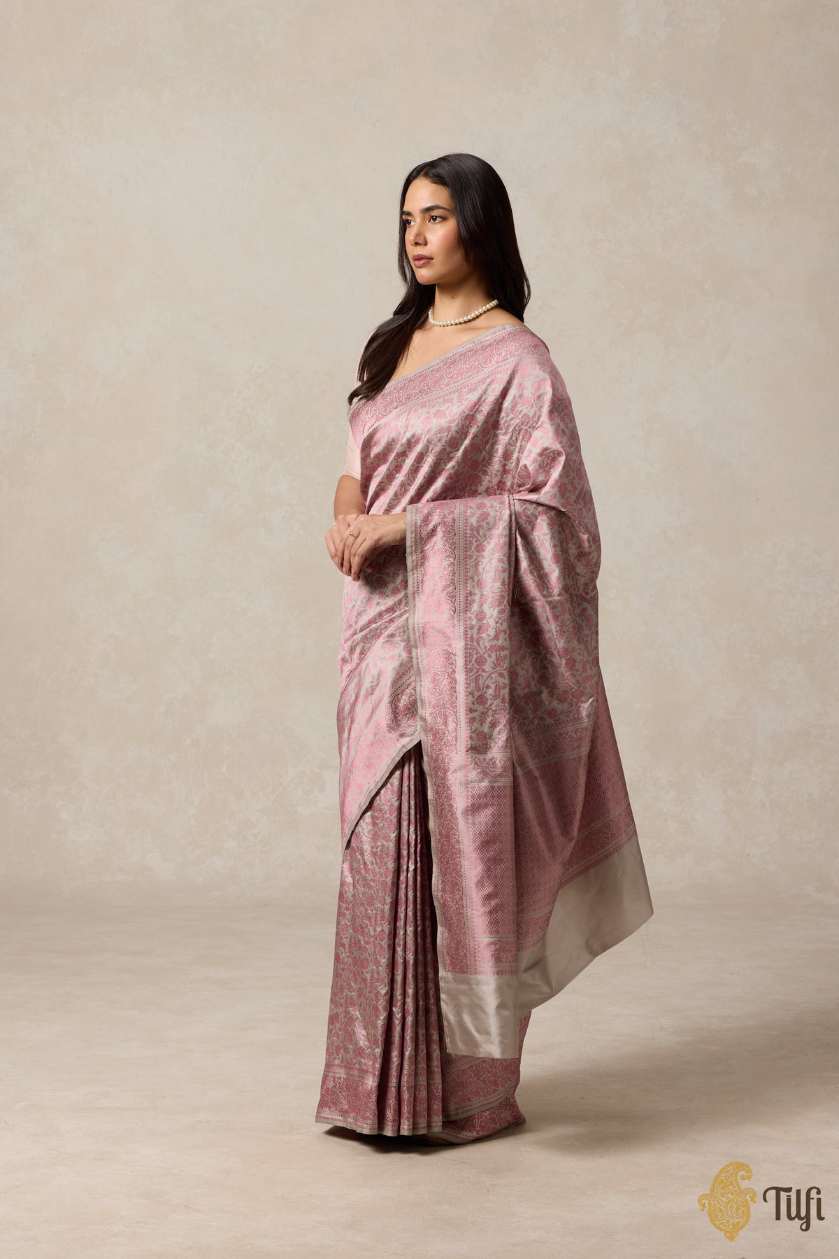 Grey Pink Pure Katan Silk Banarasi Shikargah Handloom Saree