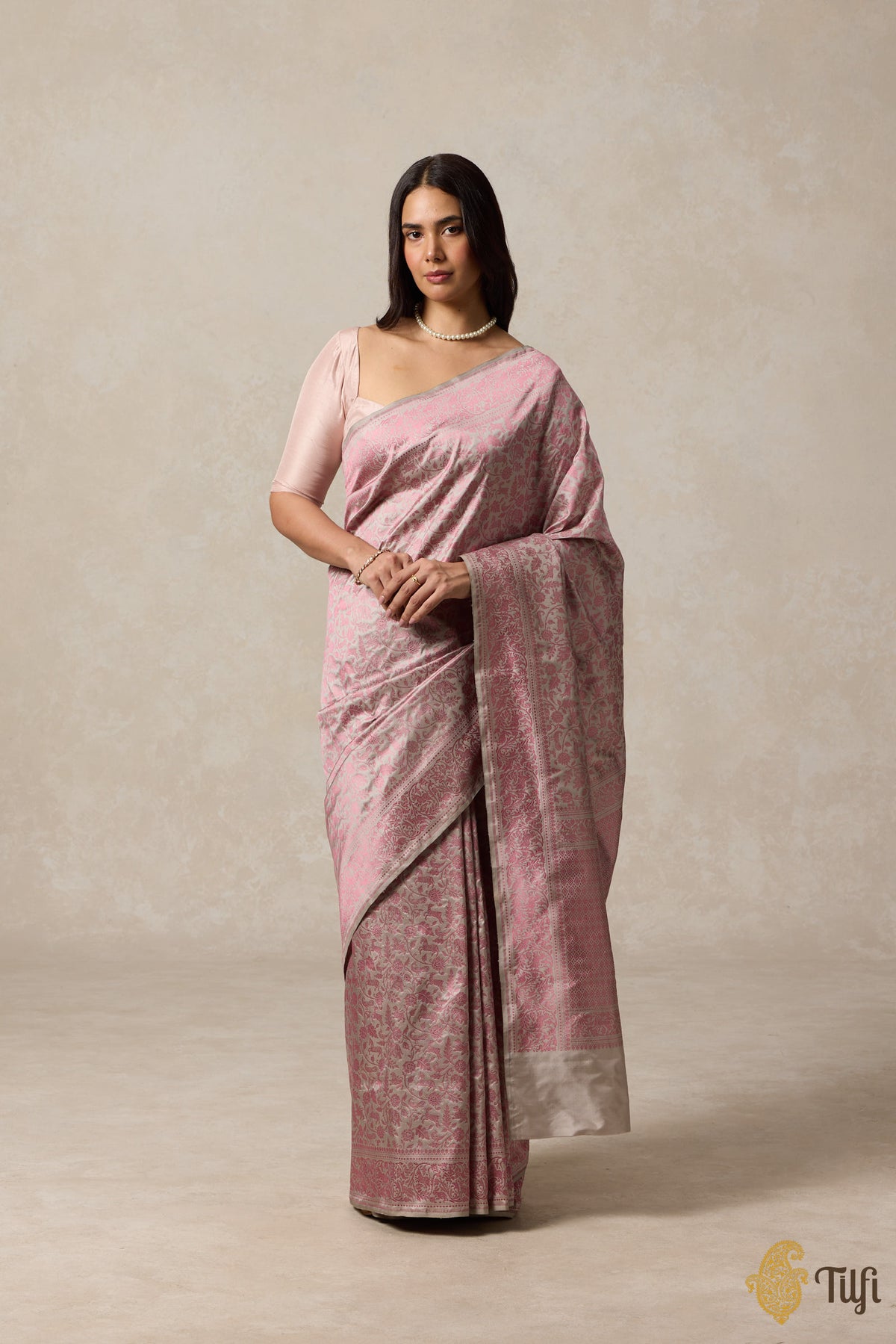 Grey Pink Pure Katan Silk Banarasi Shikargah Handloom Saree