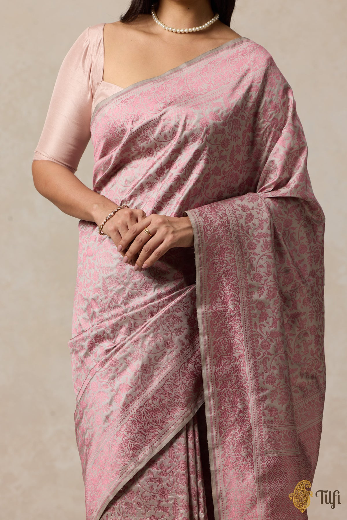 Grey Pink Pure Katan Silk Banarasi Shikargah Handloom Saree