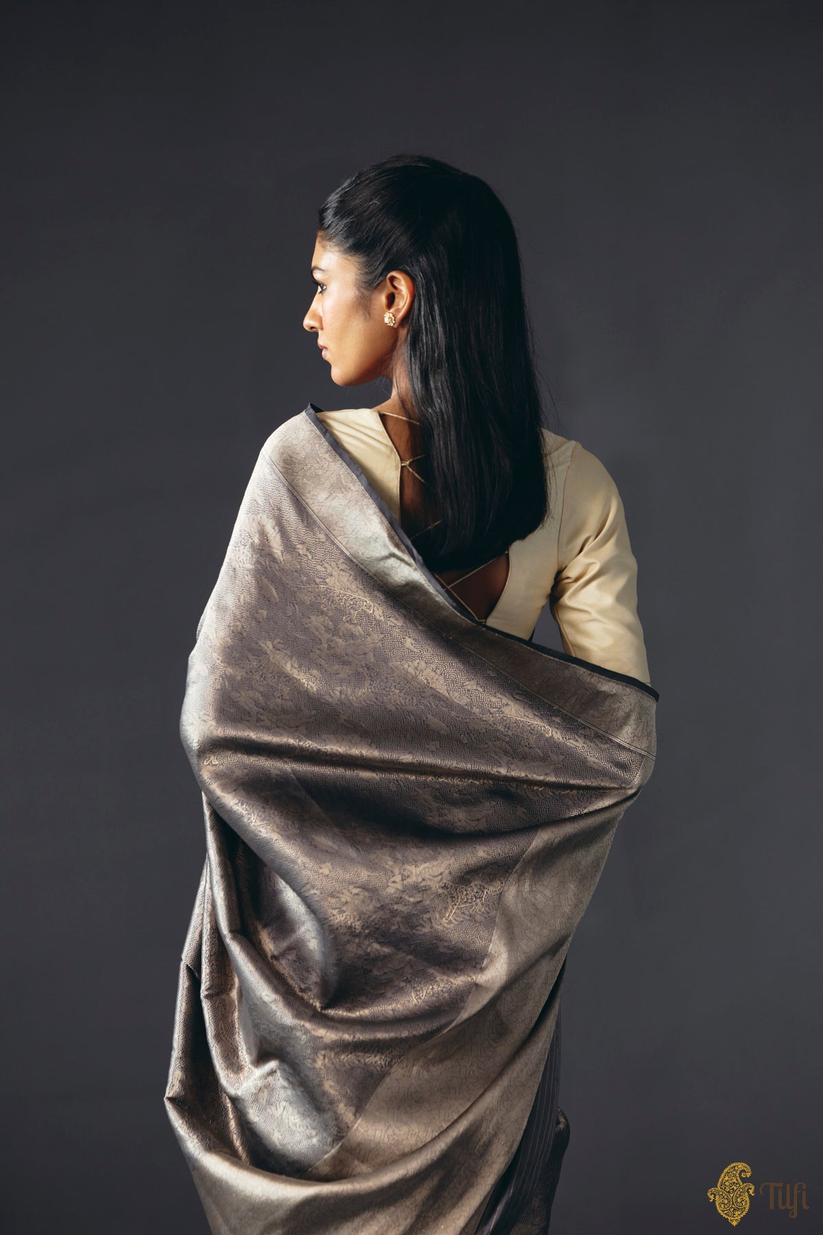 'Secrets of the Snow' Dark Grey Pure Katan Silk Banarasi Handloom Saree