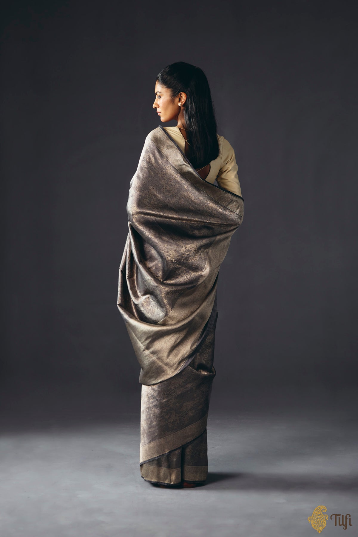 'Secrets of the Snow' Dark Grey Pure Katan Silk Banarasi Handloom Saree