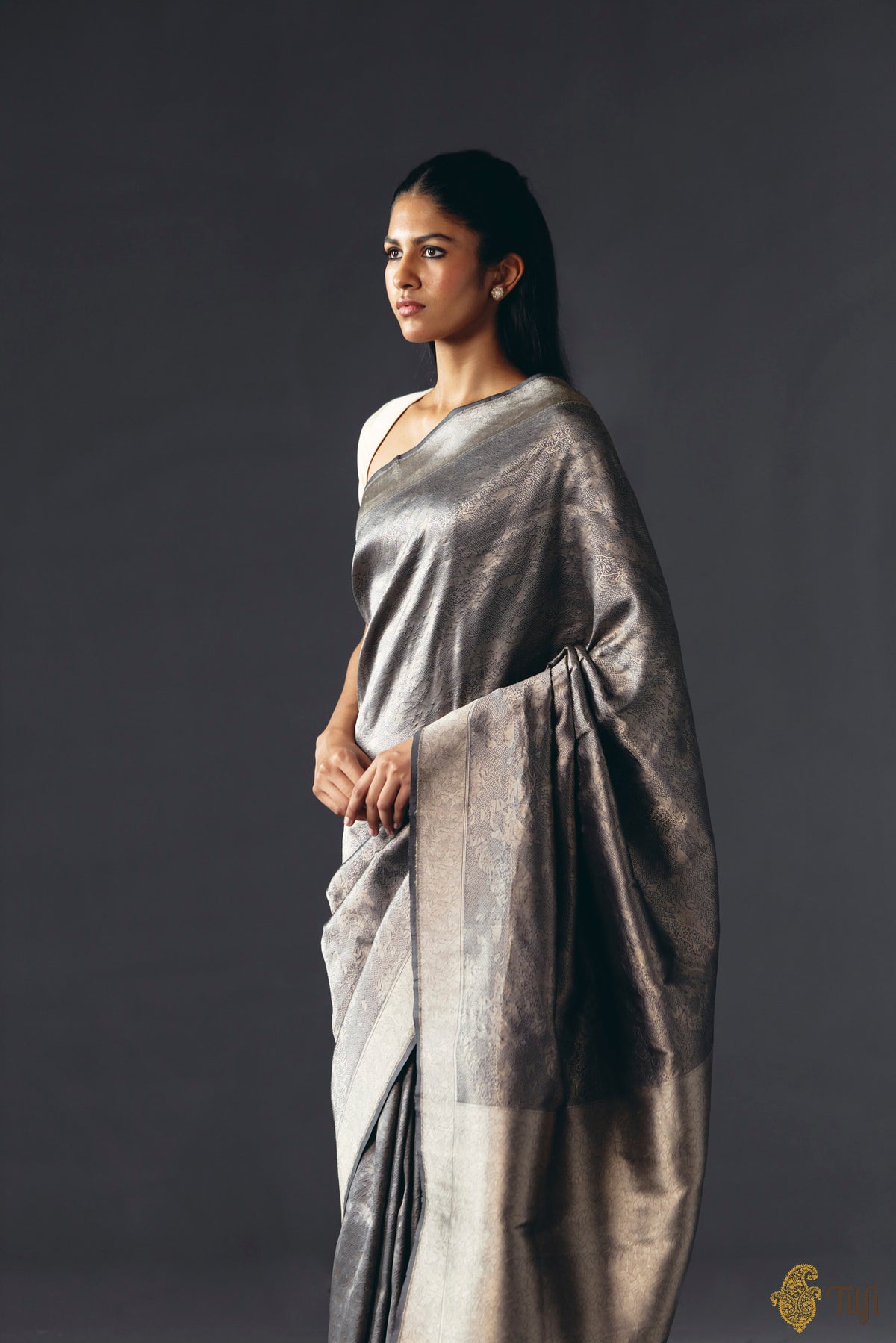 'Secrets of the Snow' Dark Grey Pure Katan Silk Banarasi Handloom Saree