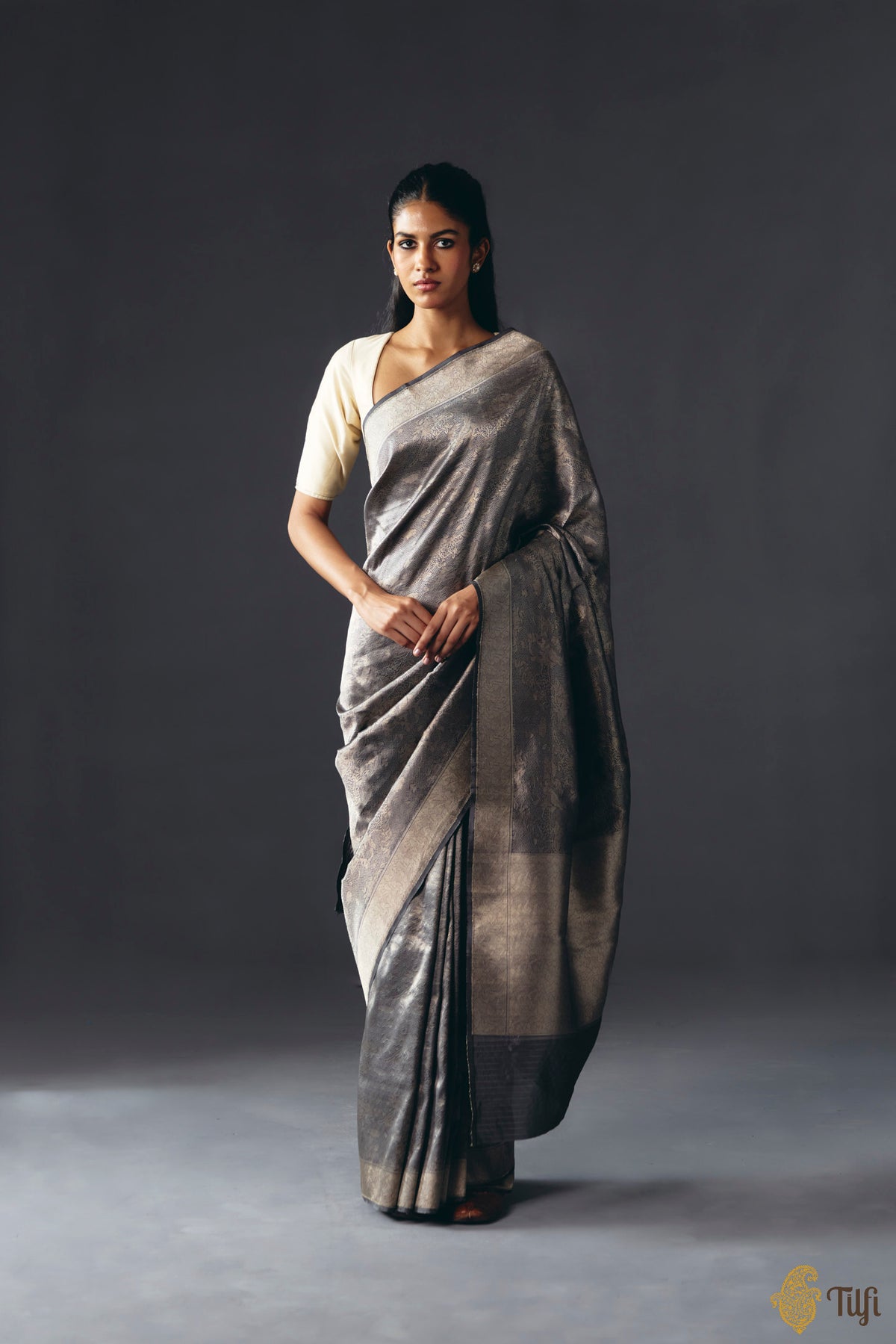 'Secrets of the Snow' Dark Grey Pure Katan Silk Banarasi Handloom Saree