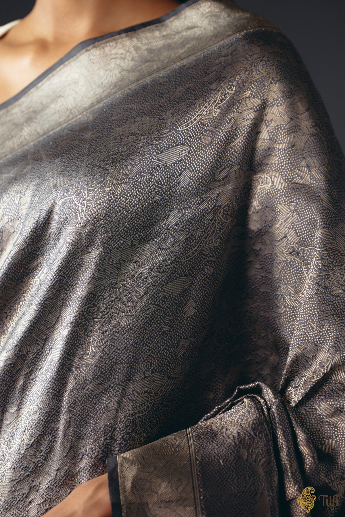 'Secrets of the Snow' Dark Grey Pure Katan Silk Banarasi Handloom Saree