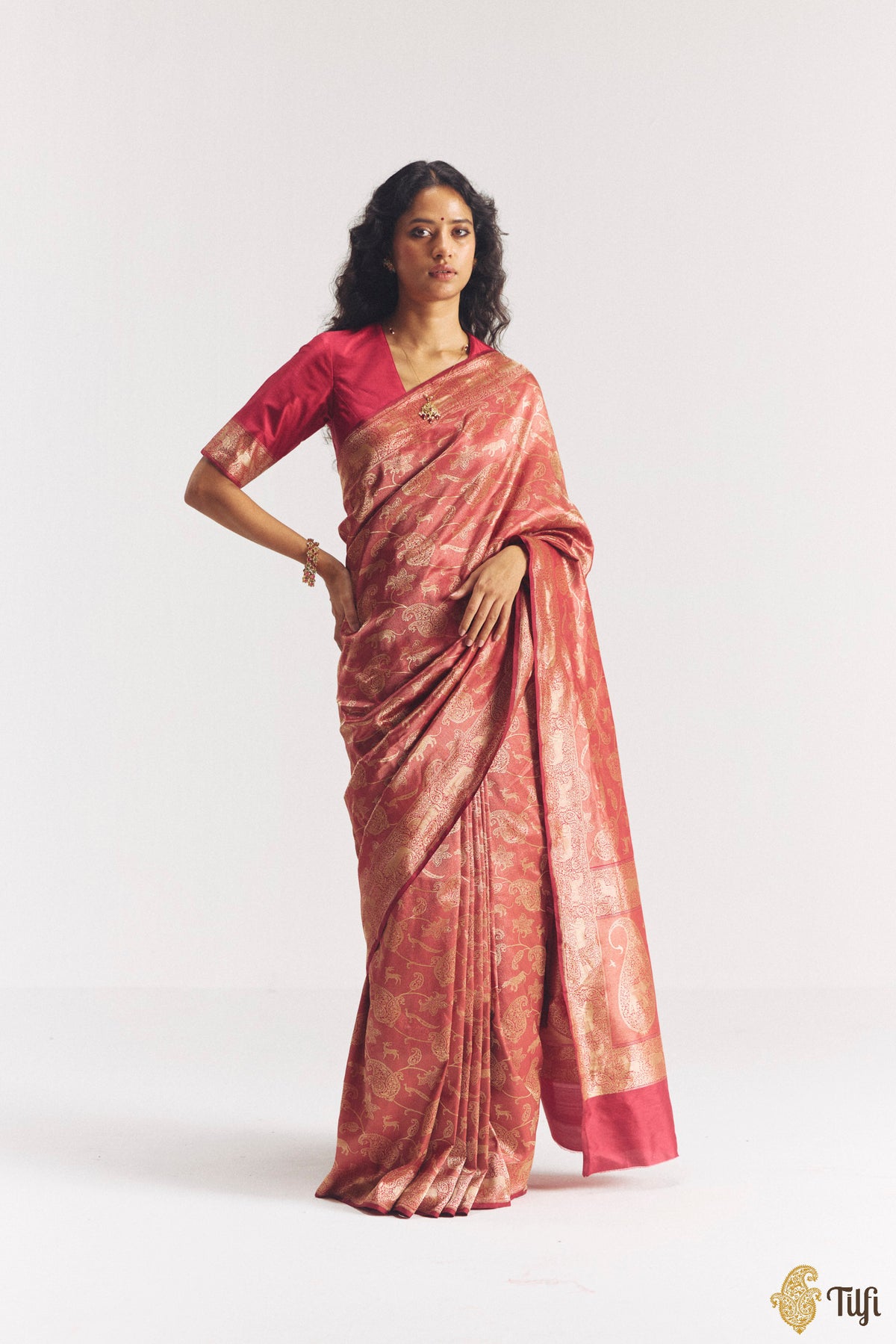 'Aranyika' Reddish Maroon Pure Katan Silk Banarasi Handloom Shikargah Saree