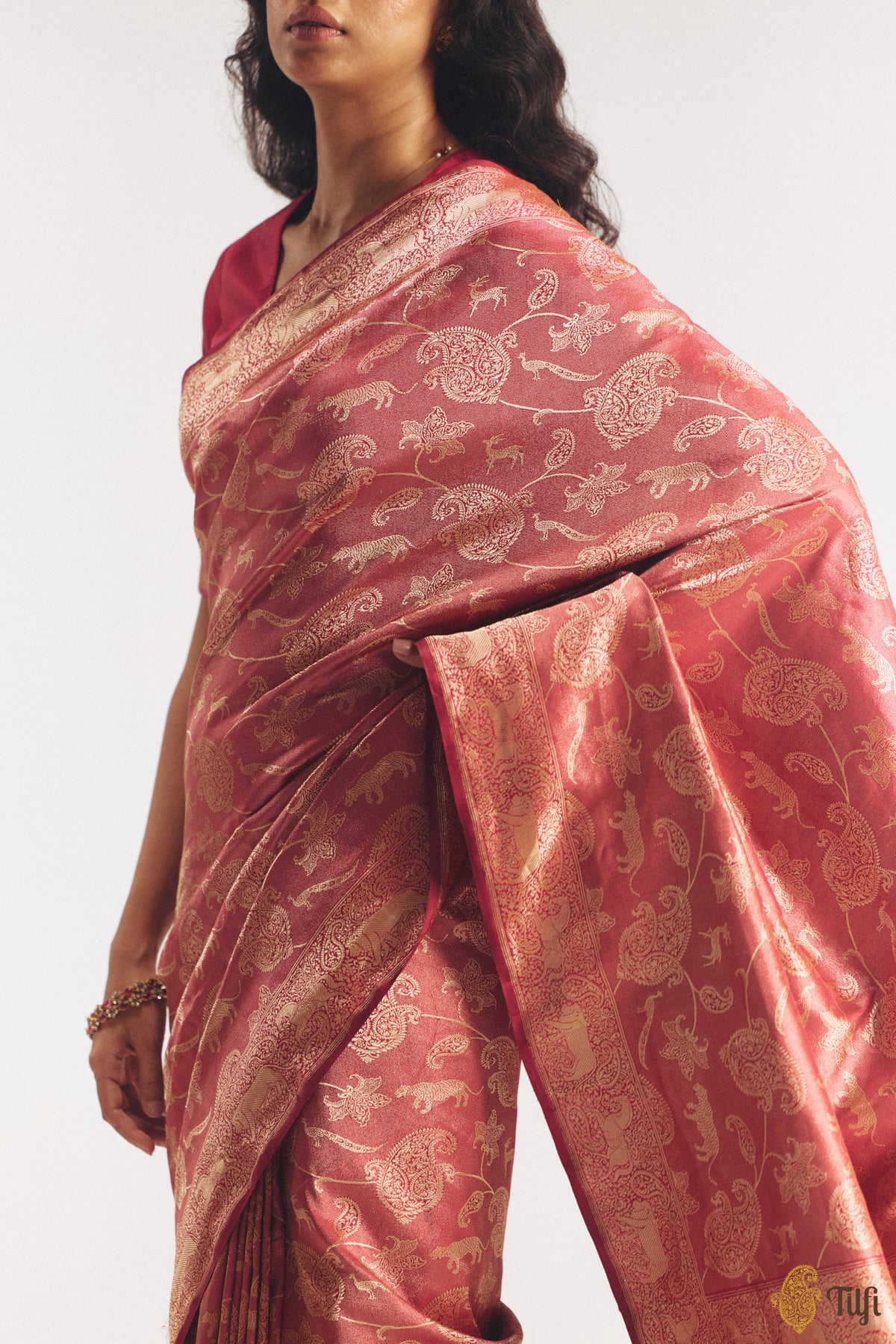 'Aranyika' Reddish Maroon Pure Katan Silk Banarasi Handloom Shikargah Saree