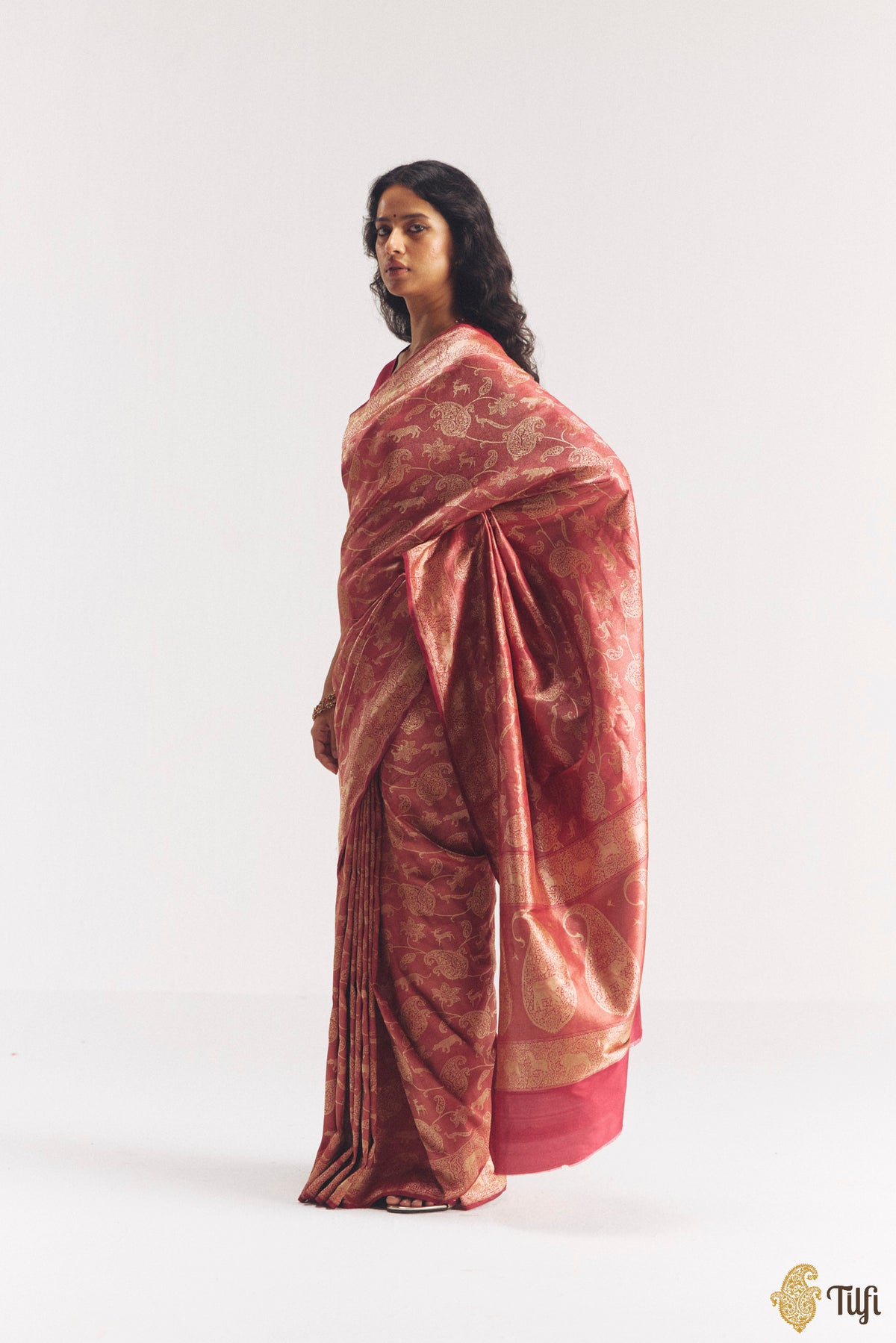 'Aranyika' Reddish Maroon Pure Katan Silk Banarasi Handloom Shikargah Saree
