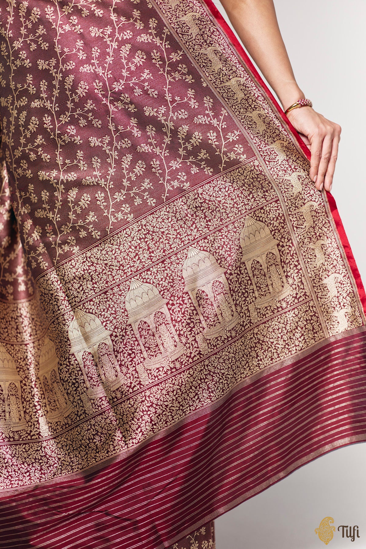 Pre-Order: 'Tiger's Respite' Maroon Pure Katan Silk Banarasi Handloom Saree