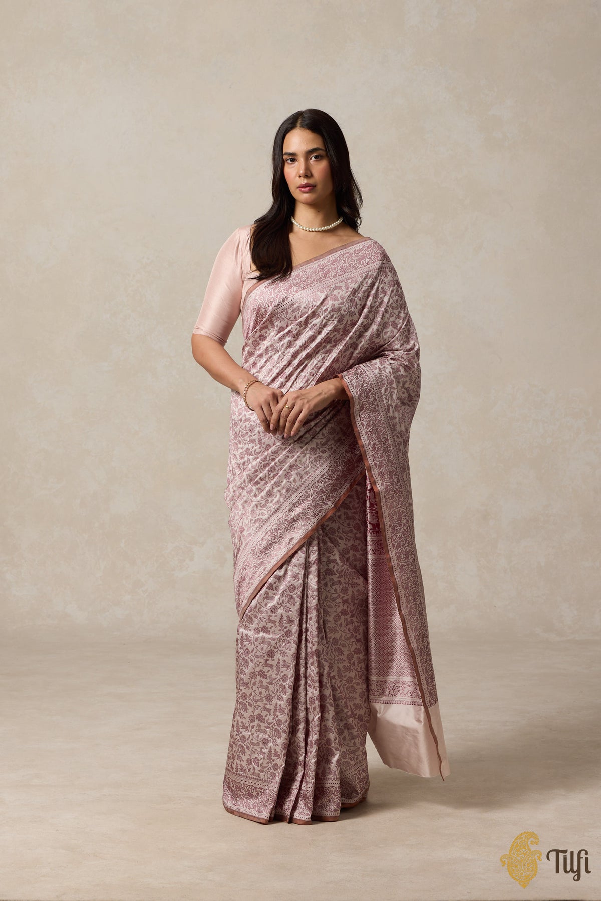 Pre-Order: Beige-Brown Pure Katan Silk Banarasi Shikargah Handloom Saree