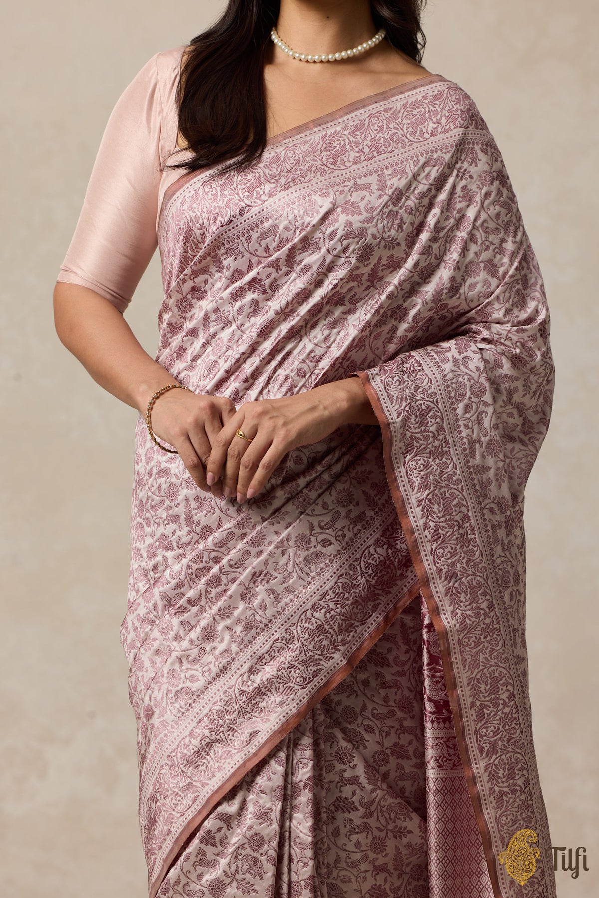 Pre-Order: Beige-Brown Pure Katan Silk Banarasi Shikargah Handloom Saree