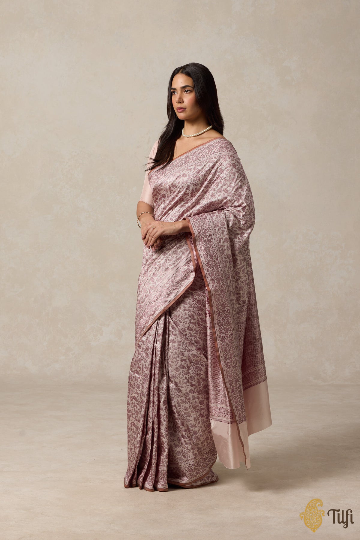 Pre-Order: Beige-Brown Pure Katan Silk Banarasi Shikargah Handloom Saree