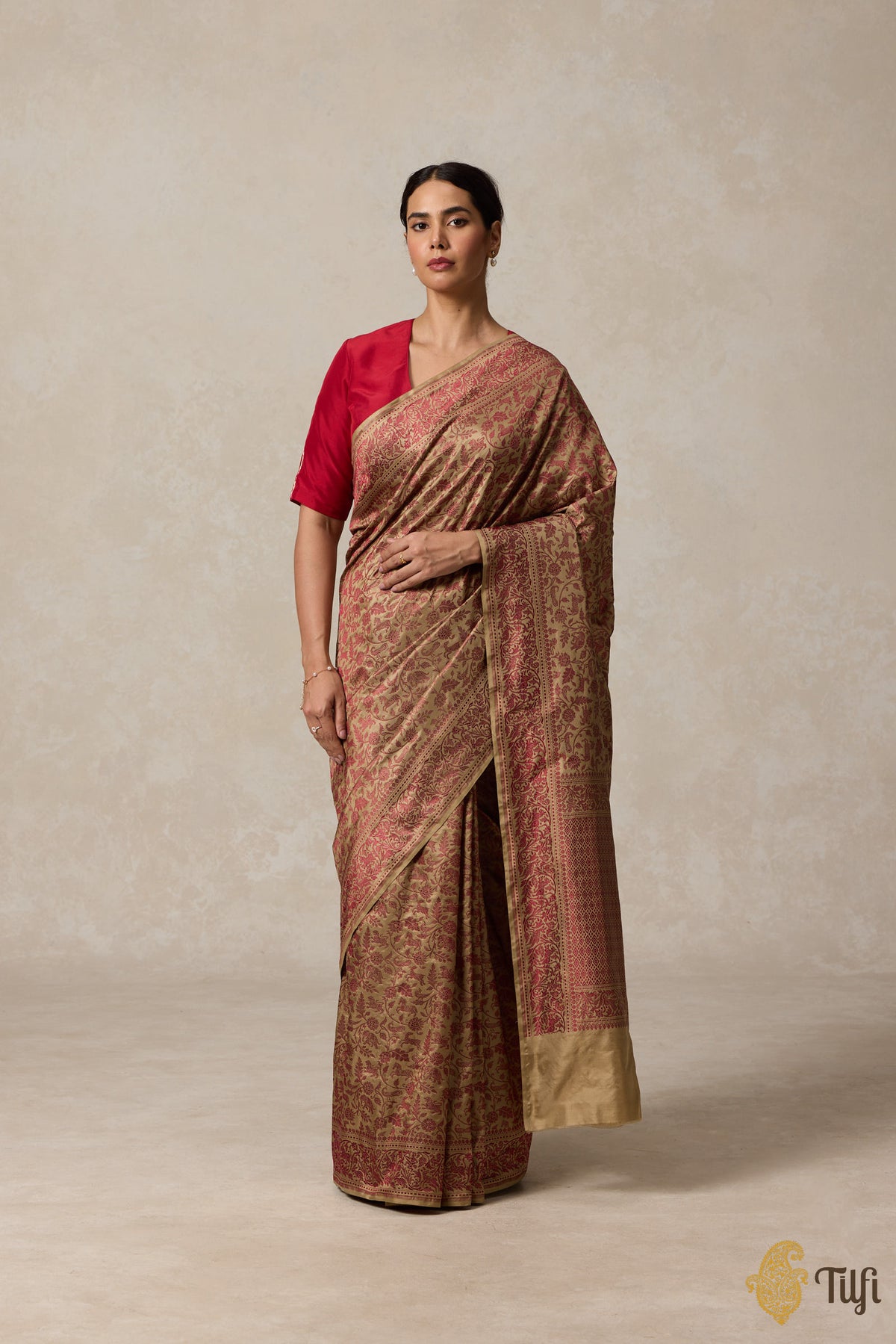 Beige Maroon Pure Katan Silk Banarasi Shikargah Handloom Saree