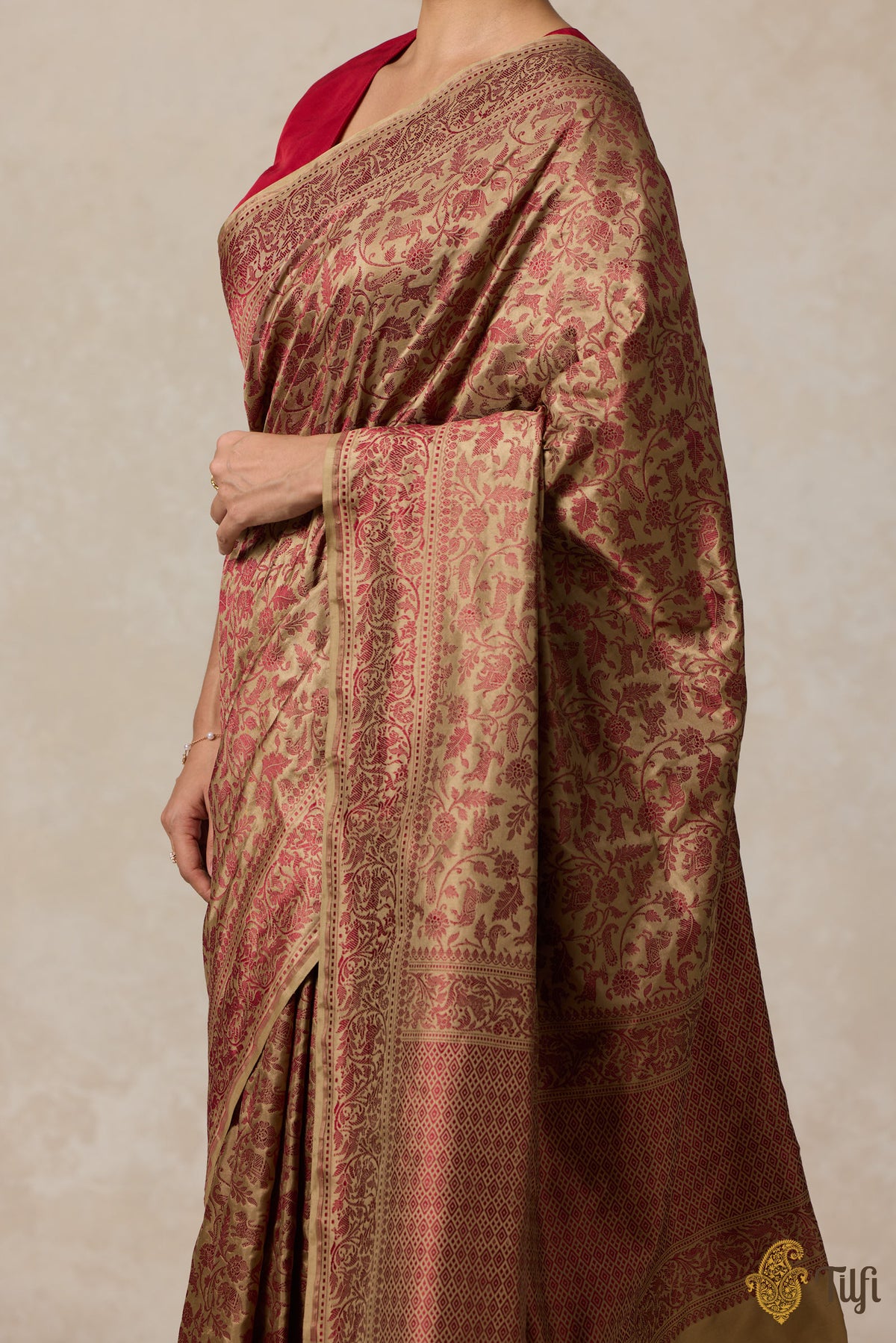 Beige Maroon Pure Katan Silk Banarasi Shikargah Handloom Saree