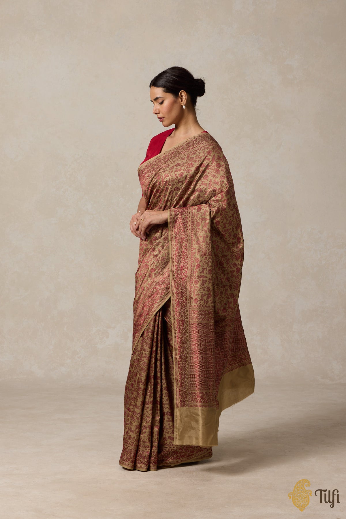 Beige Maroon Pure Katan Silk Banarasi Shikargah Handloom Saree