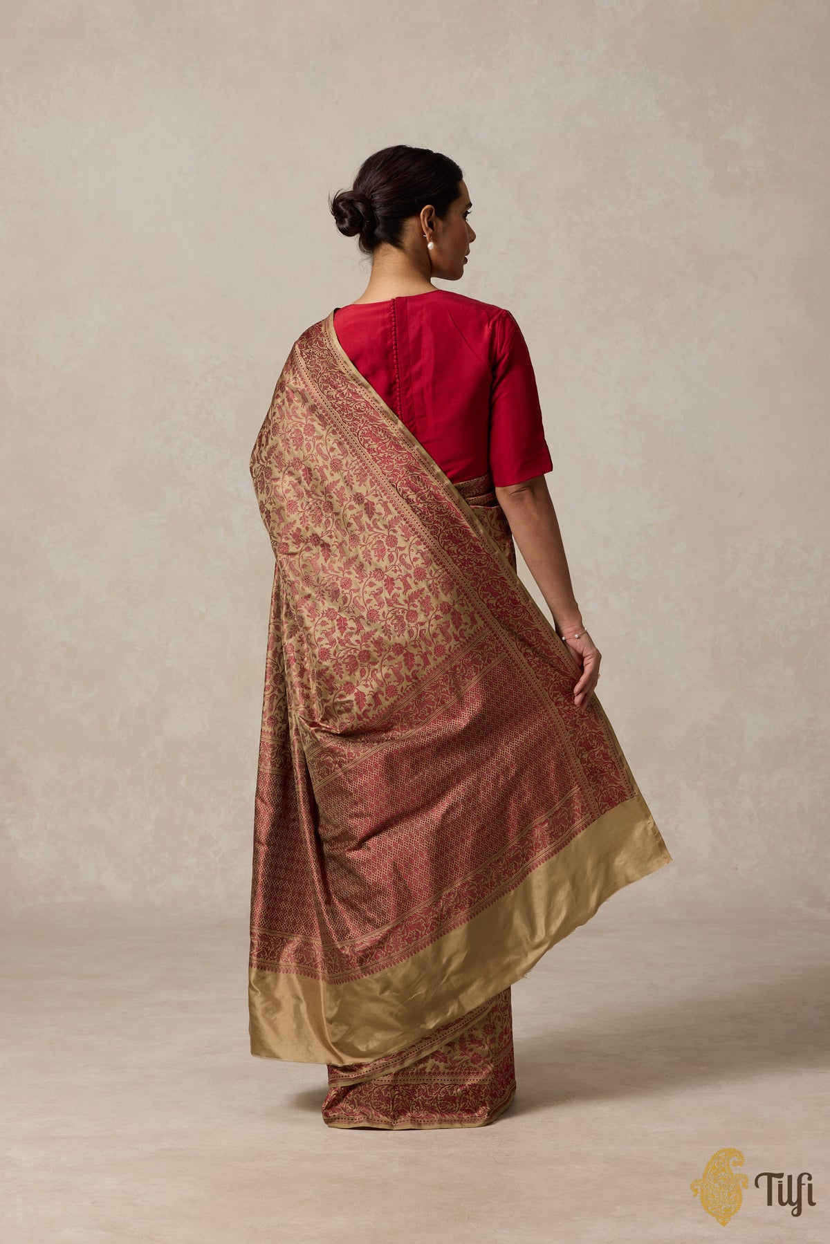 Beige Maroon Pure Katan Silk Banarasi Shikargah Handloom Saree