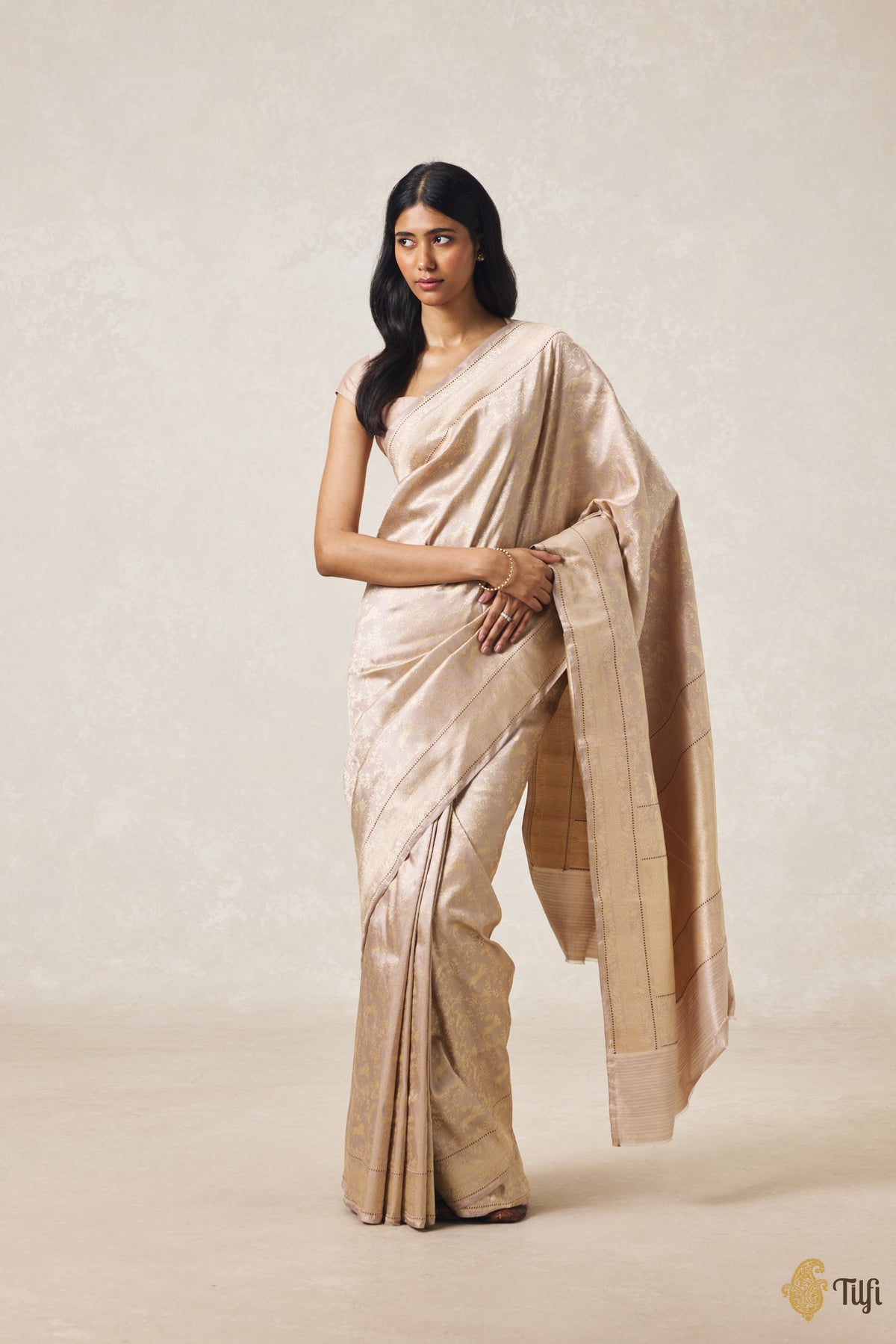Nude Beige Pure Katan Silk Banarasi Shikargah Handloom Saree