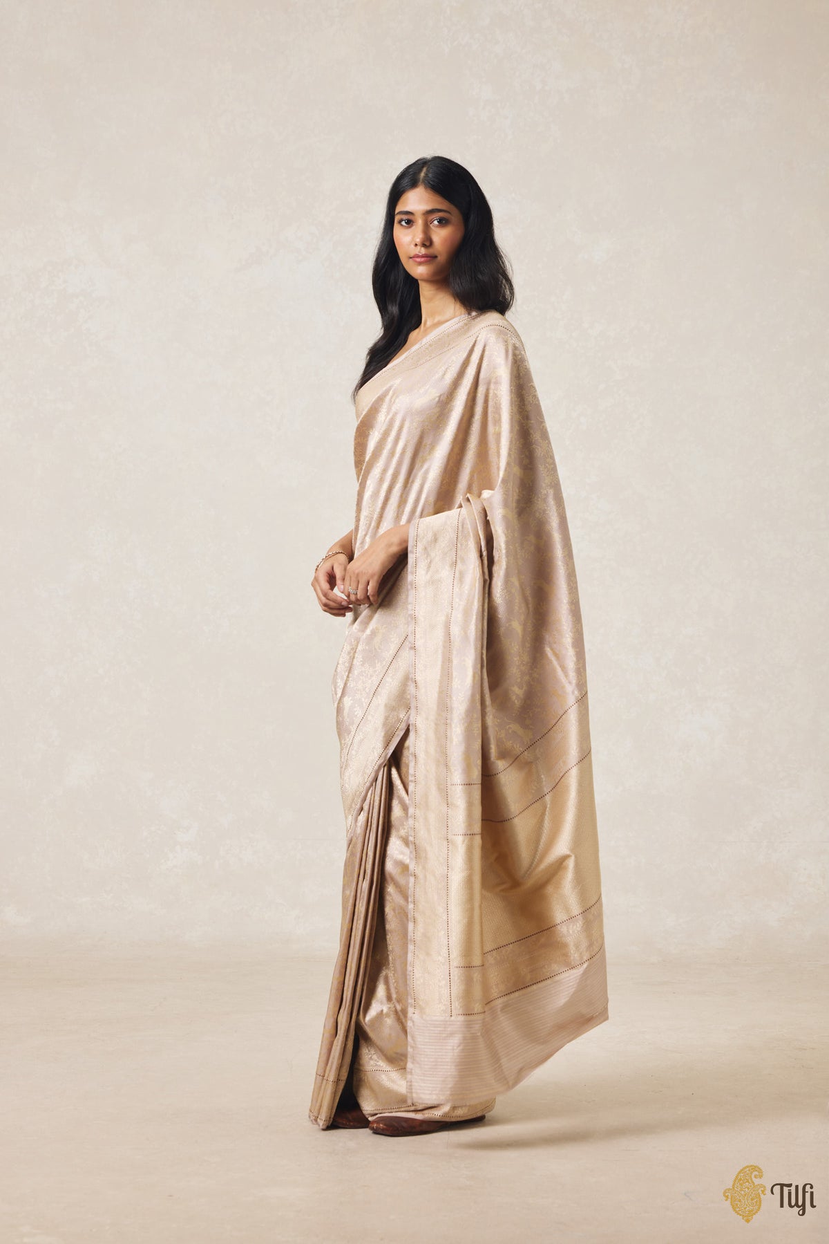 Nude Beige Pure Katan Silk Banarasi Shikargah Handloom Saree