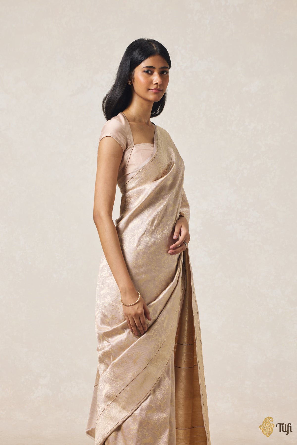 Nude Beige Pure Katan Silk Banarasi Shikargah Handloom Saree