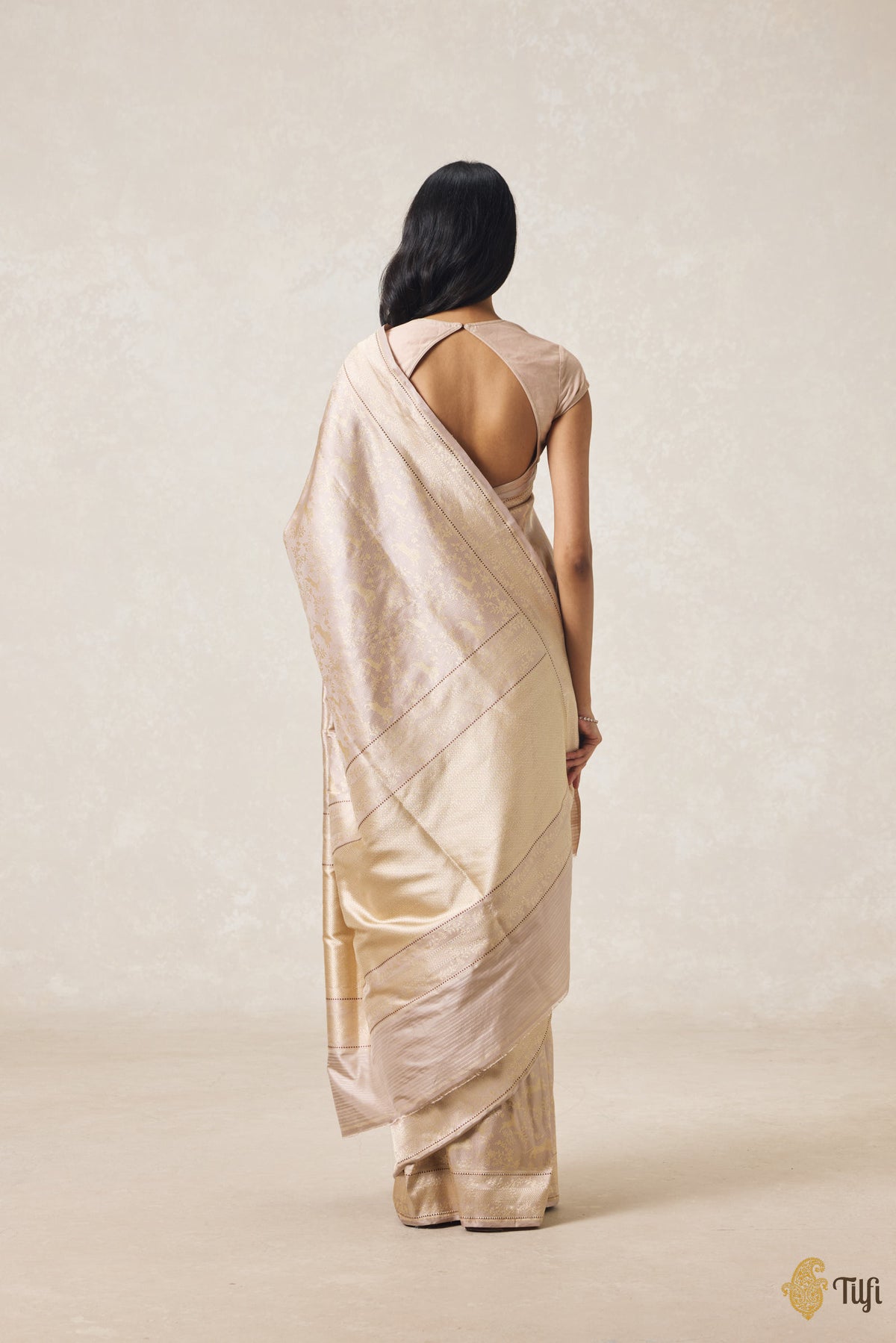 Nude Beige Pure Katan Silk Banarasi Shikargah Handloom Saree