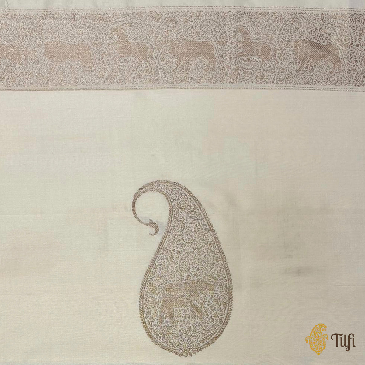 'Aranyika' Off-White Pure Katan Silk Banarasi Handloom Shikargah Saree