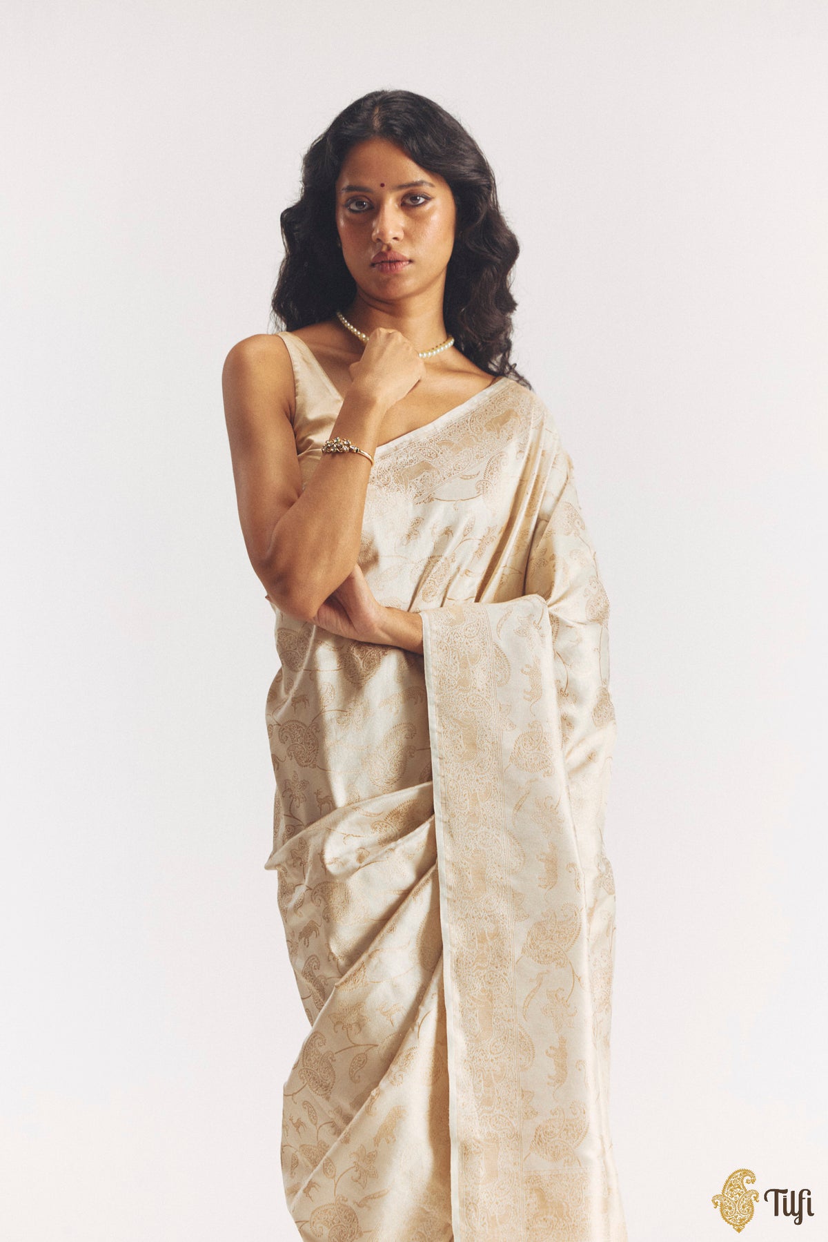 'Aranyika' Off-White Pure Katan Silk Banarasi Handloom Shikargah Saree