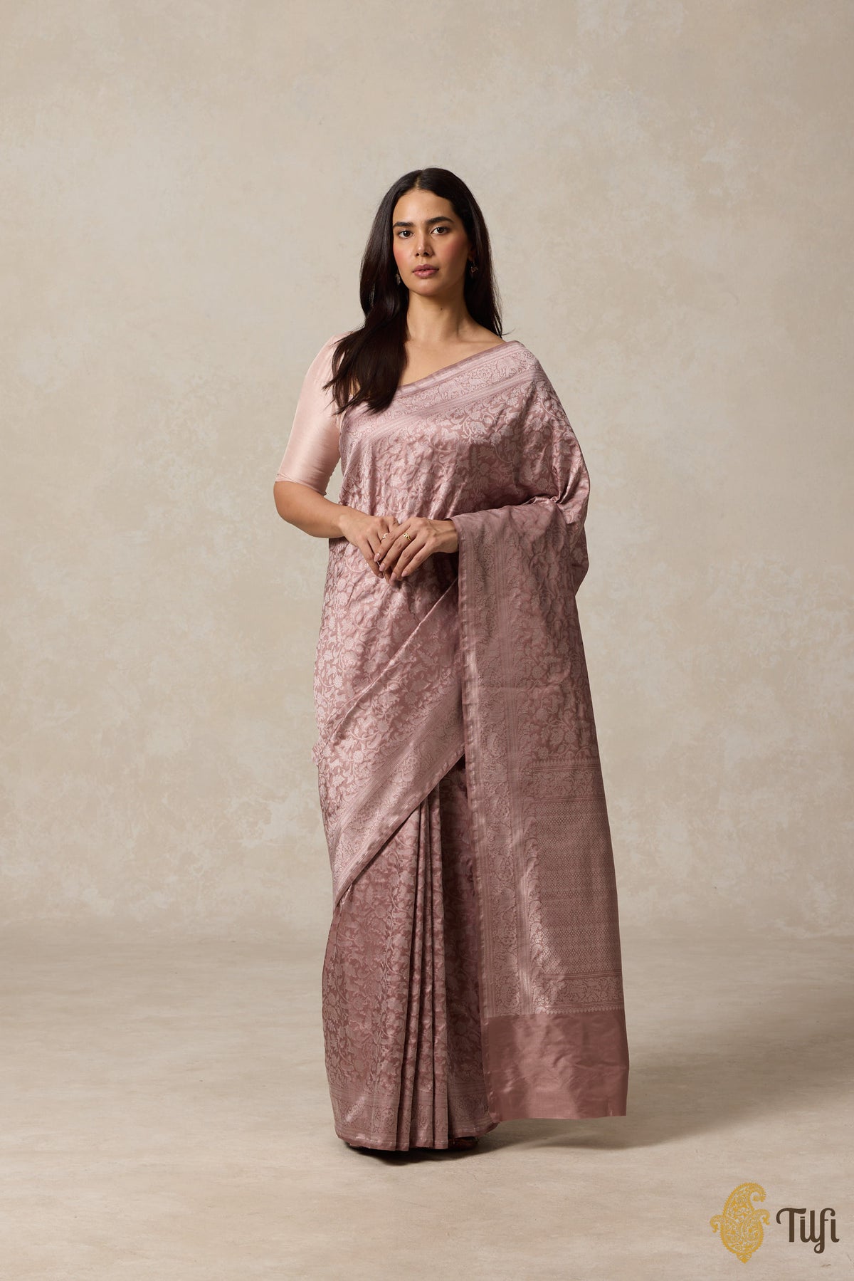 Nude Pink Pure Katan Silk Banarasi Shikargah Handloom Saree